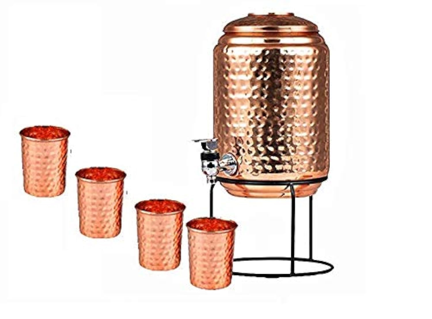 Pure Copper Hammered Water Dispenser with Tap - 10L (338oz) Water Storage Tank & 4 Copper Glasses Set | Ayurvedic Copper Water Pitcher for Home, Office & Wellness | Healthy Hydration & Detox Solution