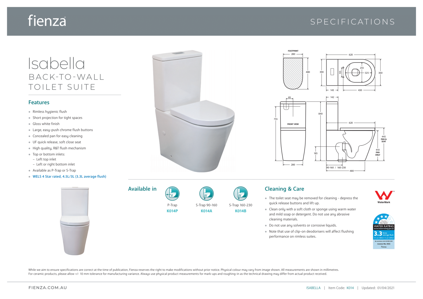 Fienza K014A Isabella S Trap 90-160mm White Toilet Suite - Modern Bathroom Fixture for Home & Commercial Use