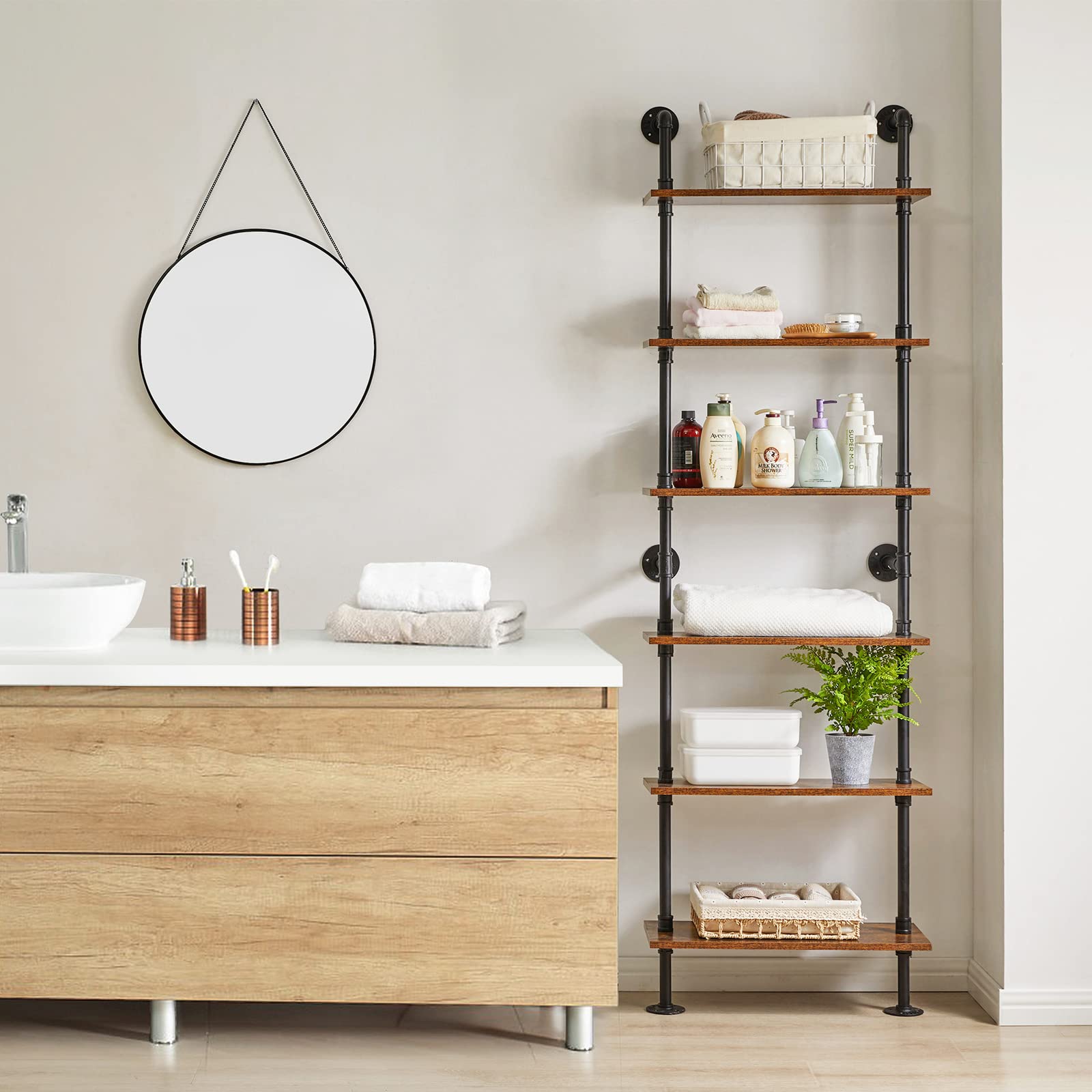 Industrial Pipe Ladder Shelf - 6-Tier Wall Mounted Bookcase with Sturdy Metal Frame, 78.7