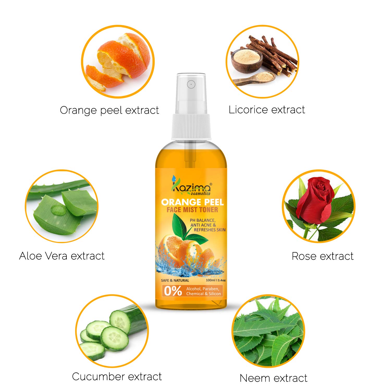 KAZIMA Orange Peel Face Mist Toner for Skin Whitening & Acne Treatment | Refreshing & Glowing Skin Care | 100ml Hydrating Facial Spray | Perfect for Daily Skincare Routine & On-the-Go Refreshment