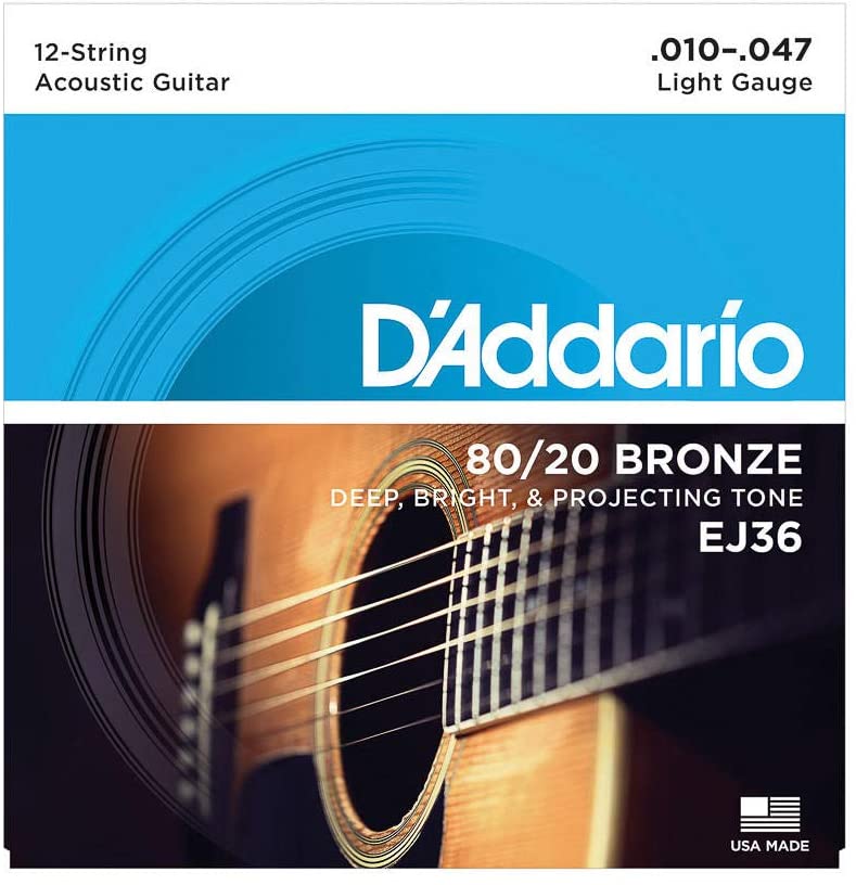 D'Addario EJ36 80/20 Bronze Light Gauge Acoustic Guitar Strings (10-47) - 12 String Set for Bright Tone & Longevity | Perfect for Studio Recording & Live Performances