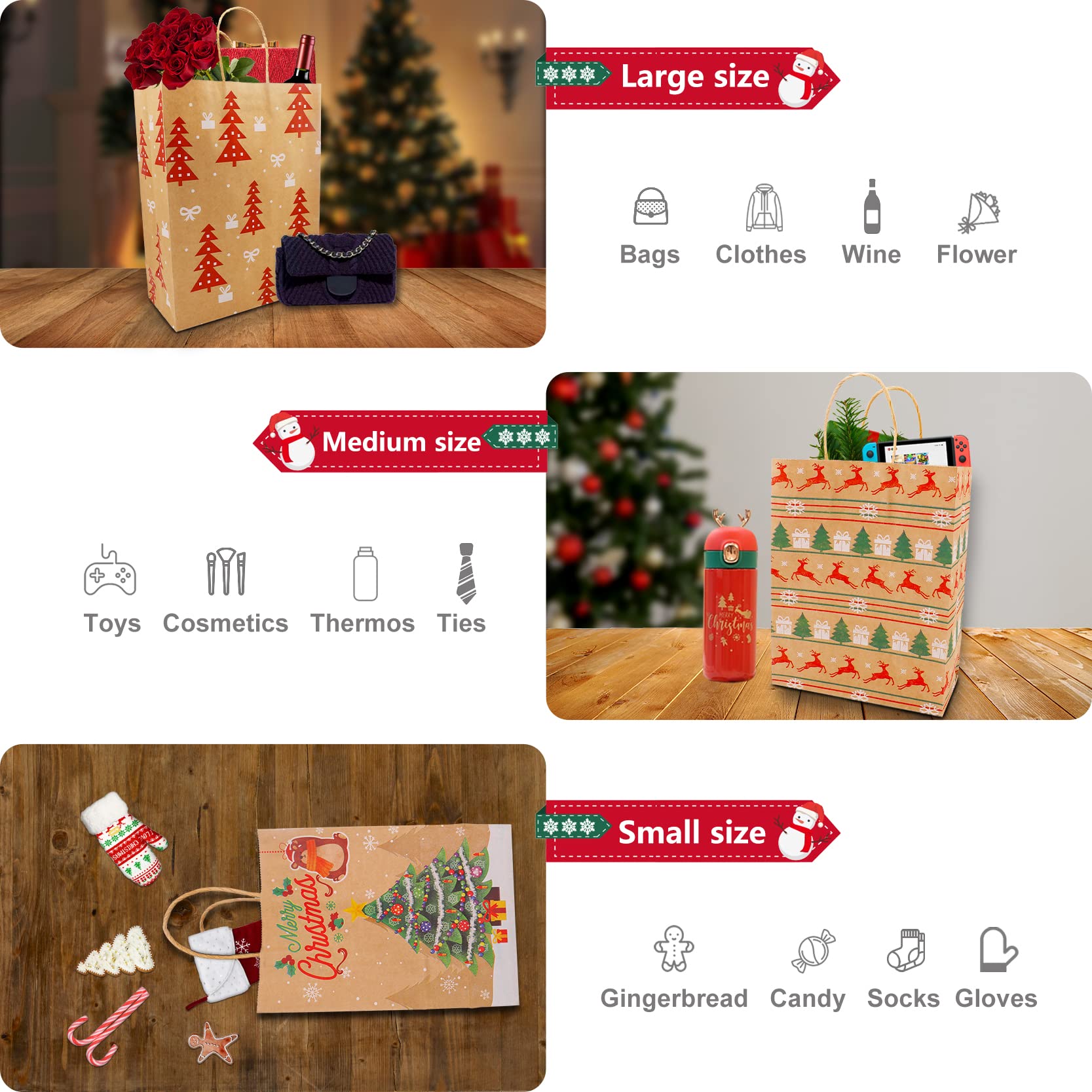AMMAKER 18 Pack Christmas Themed Reusable Kraft Gift Bags - 9 Styles Assorted Sizes with Handles - Bulk Eco-Friendly Party Favor Bags for Holiday Parties, Gift Exchanges & Family Gatherings
