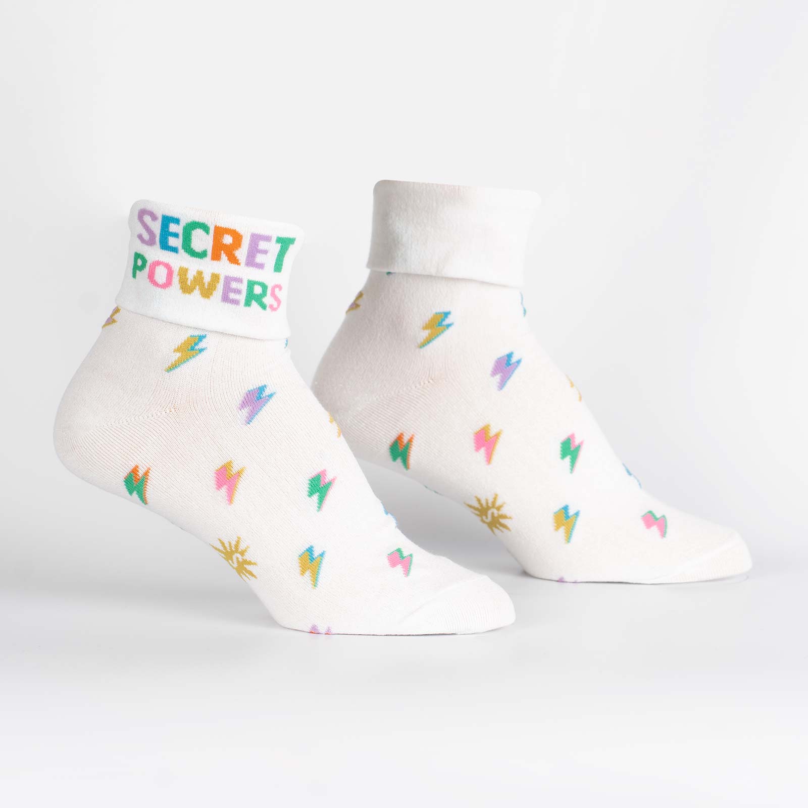 Secret Powers Turn Cuff Crew Socks - Fun Novelty Socks for Women & Men - Perfect for Cosplay, Gifts & Everyday Wear