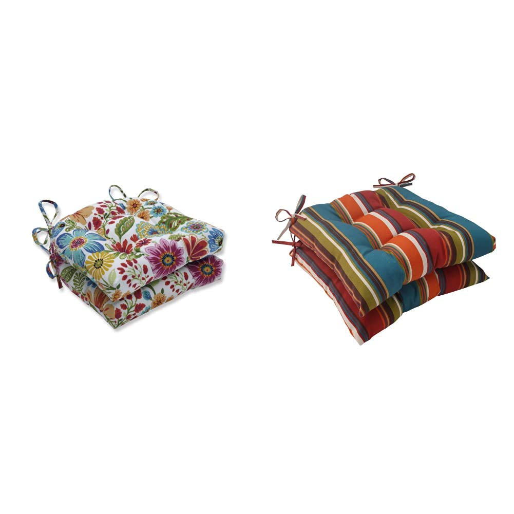 Pillow Perfect Reversible Chair Cushions 2-Pack - 15.5x14.5 Inch Blue Gregoire Prima for Patio, Deck & Indoor Furniture | Outdoor/Indoor Use | Westport Teal Tufted Square Back Cushions 19x18.5 Inch Striped Set of 2 - Perfect for Dining Chairs, Lounge Seating & Home Decor
