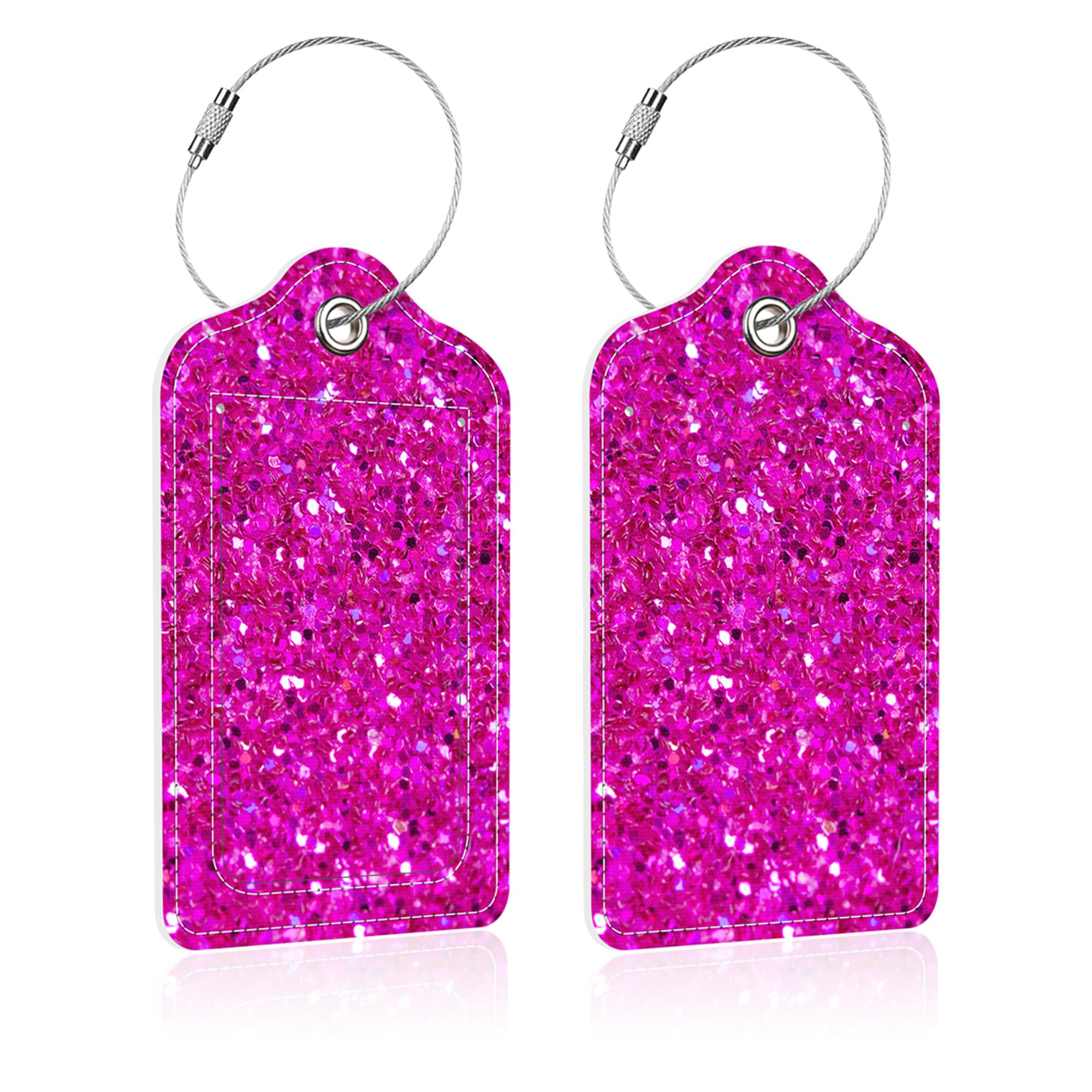 Pink Glitter Luggage Tags for Suitcases - 2 Pack PU Leather ID Tags with Stainless Steel Loop & Privacy Cover - Perfect for Women, Men & Teens Travel Accessories | Great for Airports, Cruise Ships & Business Trips