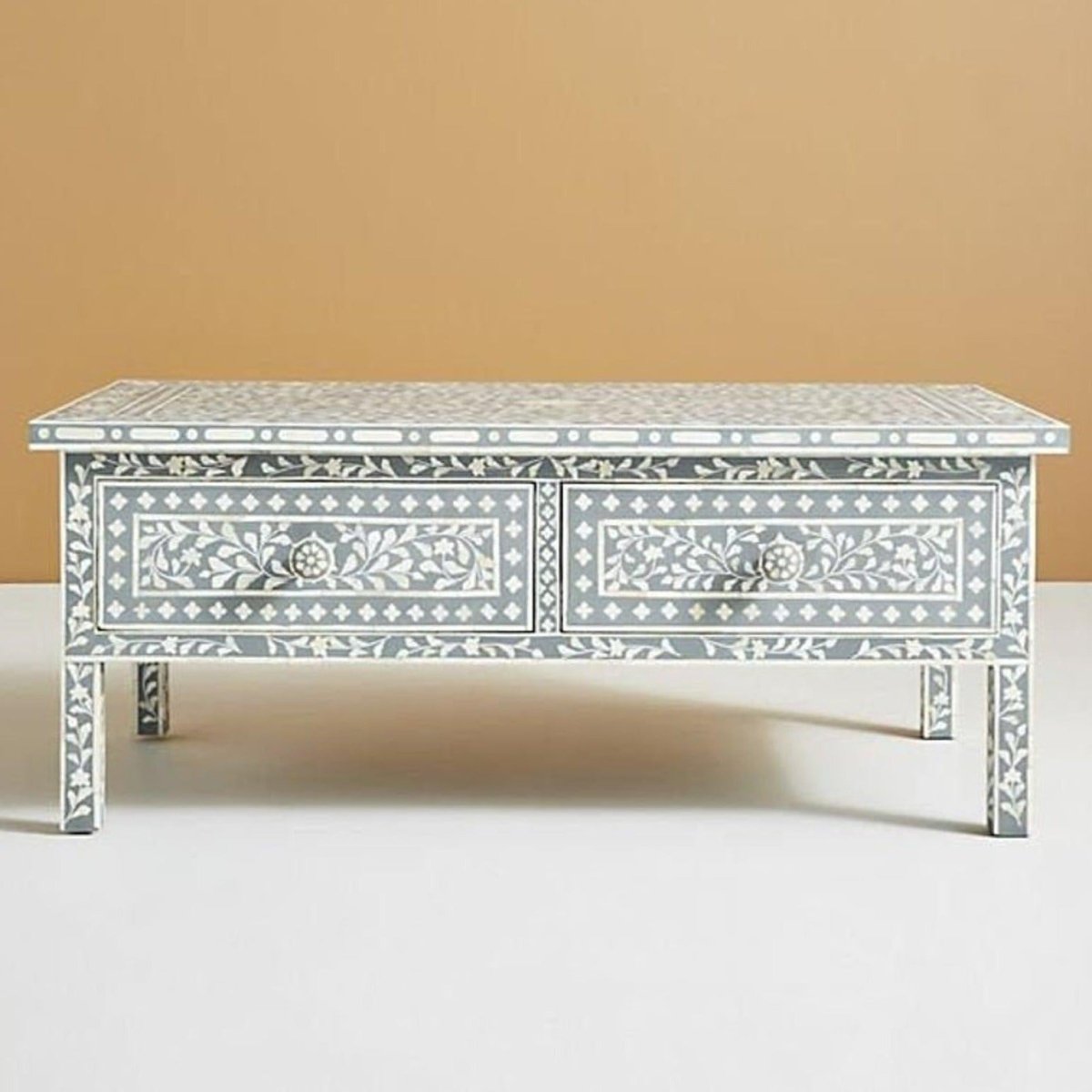 Handmade Bone Inlay Floral Design Coffee Table with Two Drawers - Grey Modern Side Table for Living Room, Bedroom & Office Decor