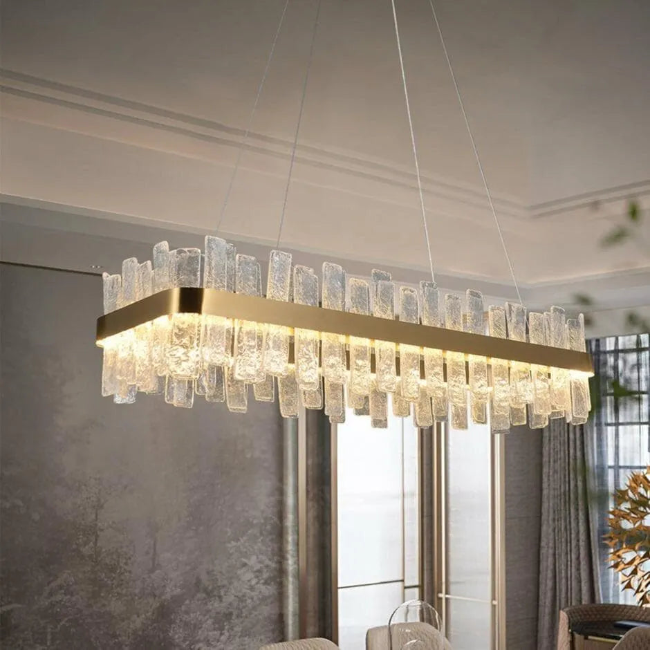 Modern Golden Crystal Rectangle Chandelier - 32/40 Inch Flake Long Lamp for Dining Room, Living Room & Bedroom Lighting