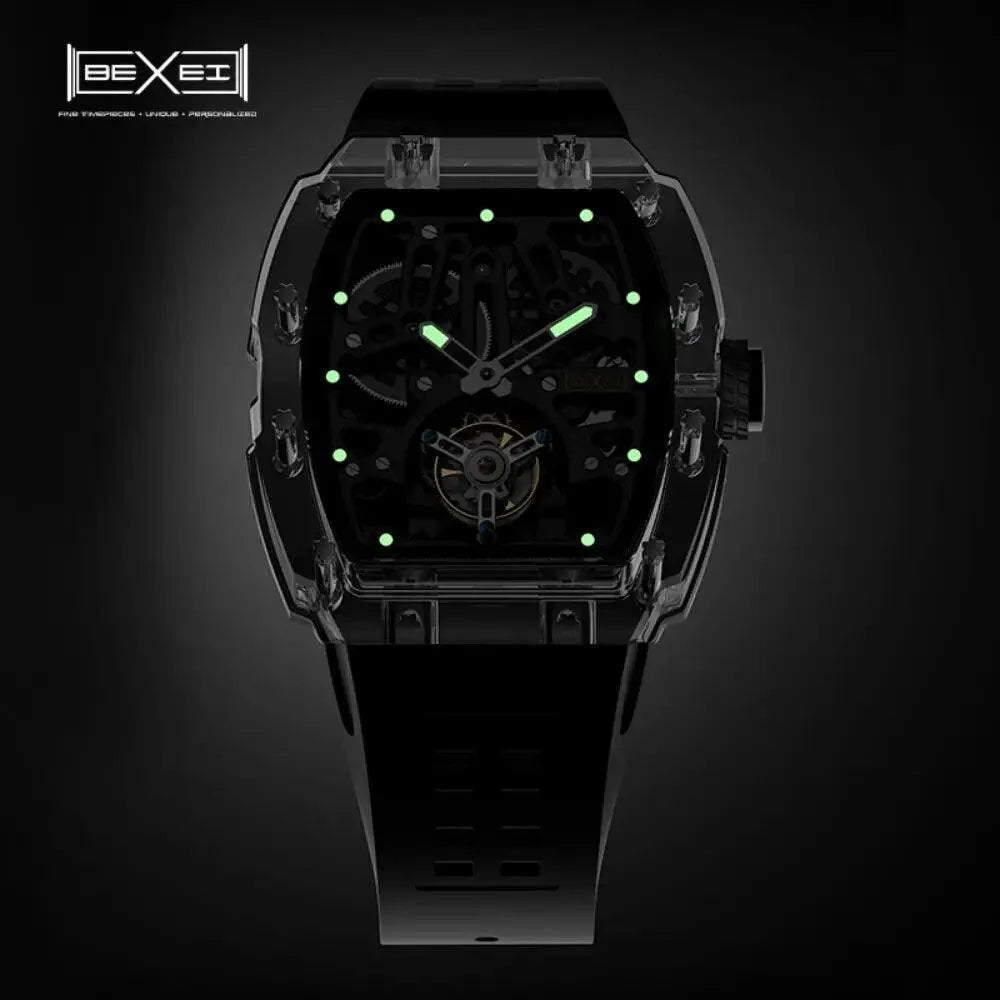 BEXEI 9127 Luxury Men's Transparent Skeleton Tourbillon Watch - K9 Crystal Glass, 72H Power Reserve, Waterproof Mechanical Wristwatch for Business, Formal Events & Gift Giving
