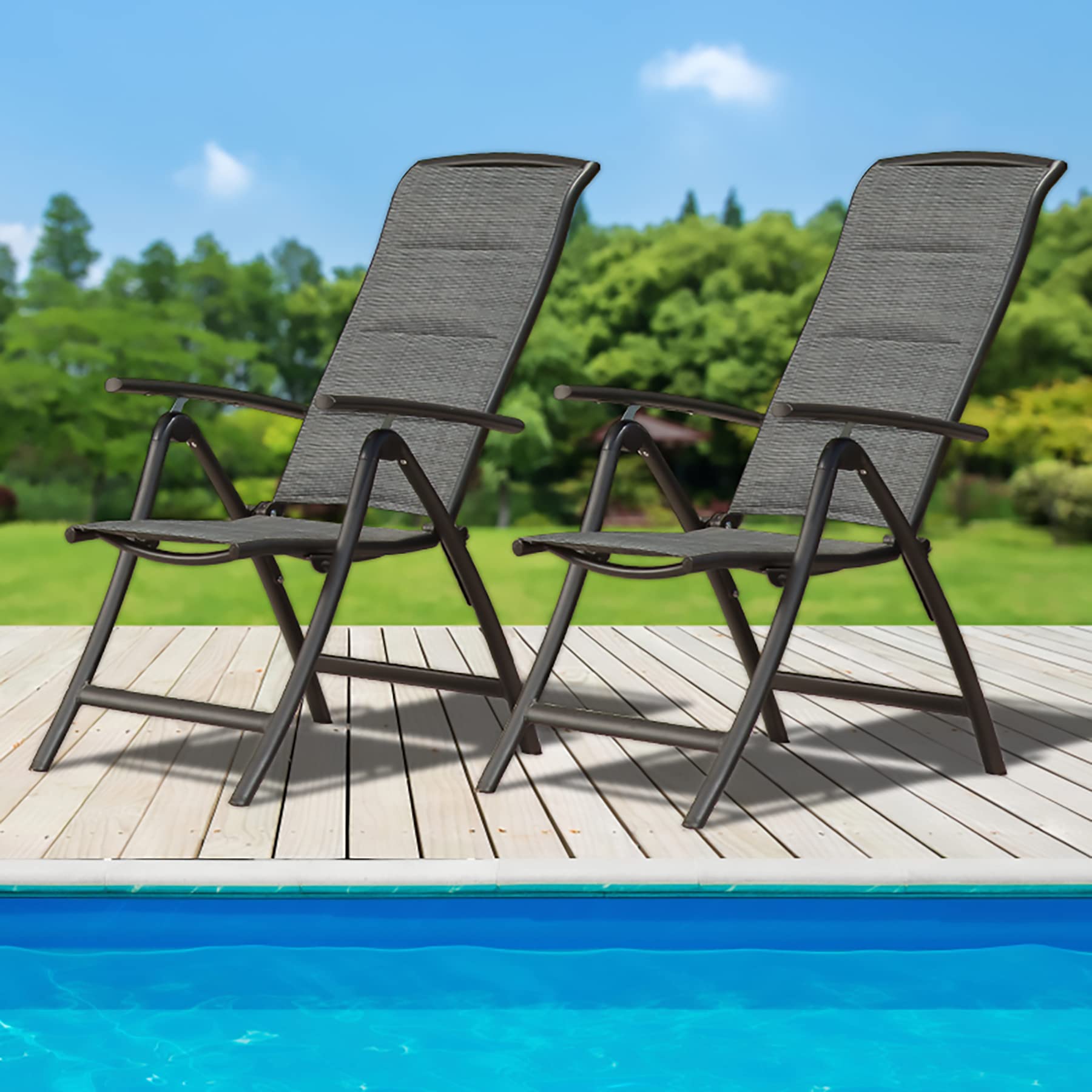 Domi Patio Outdoor Sling Chairs Set of 2 - Adjustable Reclining Folding Camping Chairs with Padded Seat & High Backrest - Perfect for Backyard, Poolside, Beach, and Patio Relaxation