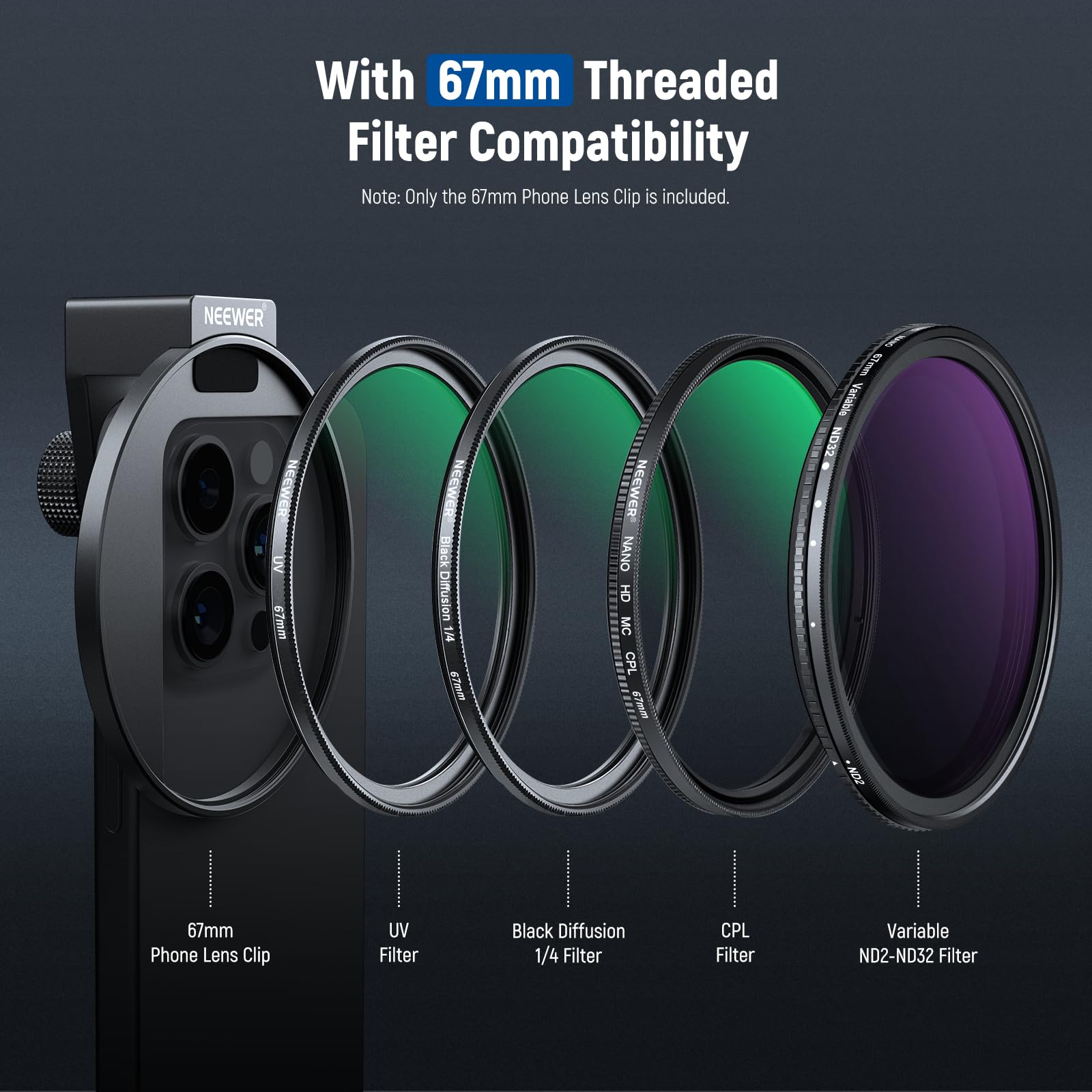 NEEWER Upgraded 67mm Phone Filter Mount with Cold Shoe & Locking Knob - Compatible with iPhone 16/15 Pro Max/14/13 & Samsung Galaxy S22/S23/S24 Ultra - Perfect for Mobile Photography & Videography