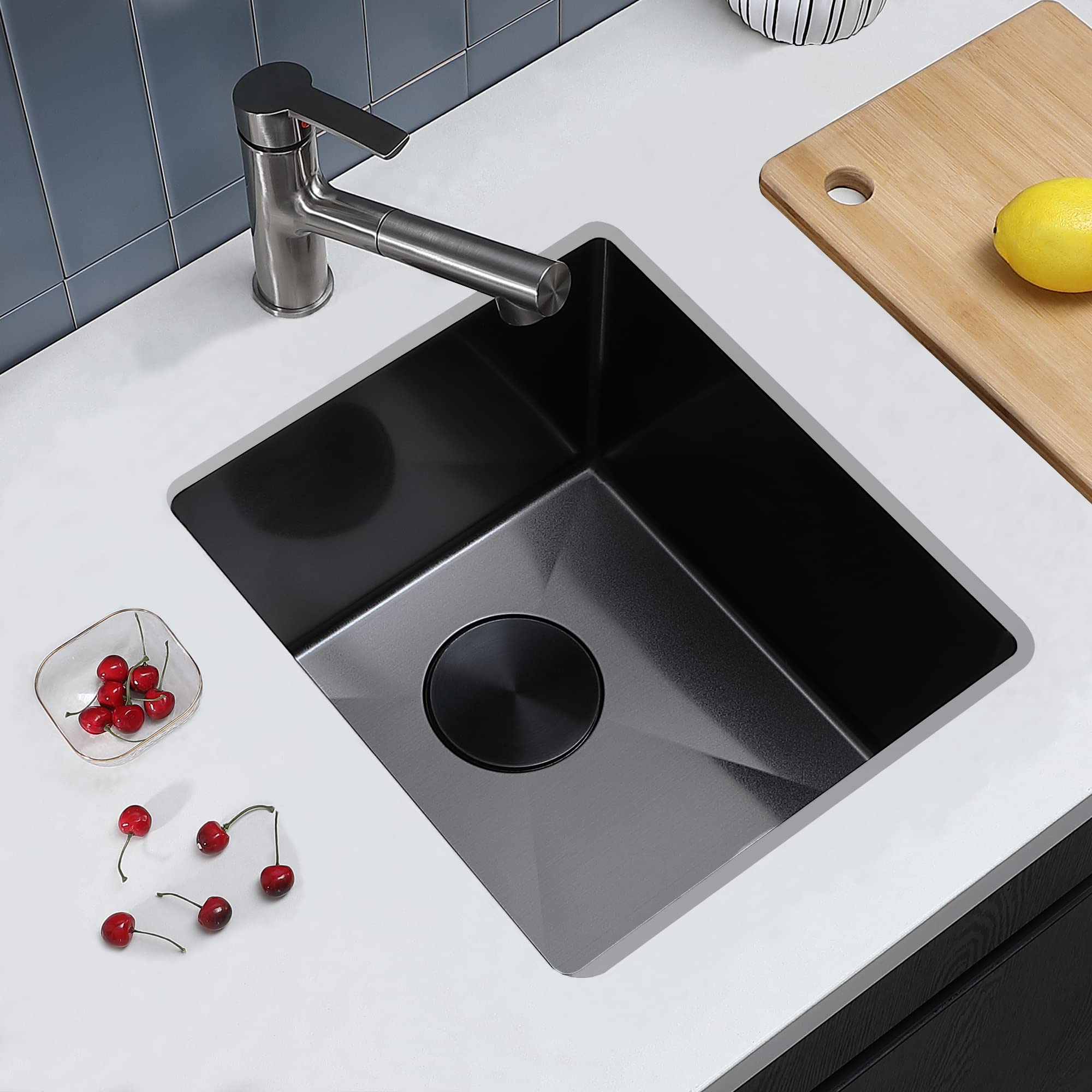 15x17 Inch Black Undermount Bar Sink - Stainless Steel Single Bowl Prep Sink with Bottom Grid & Strainer - Perfect for RV Kitchen, Wet Bar, and Modern Home Use
