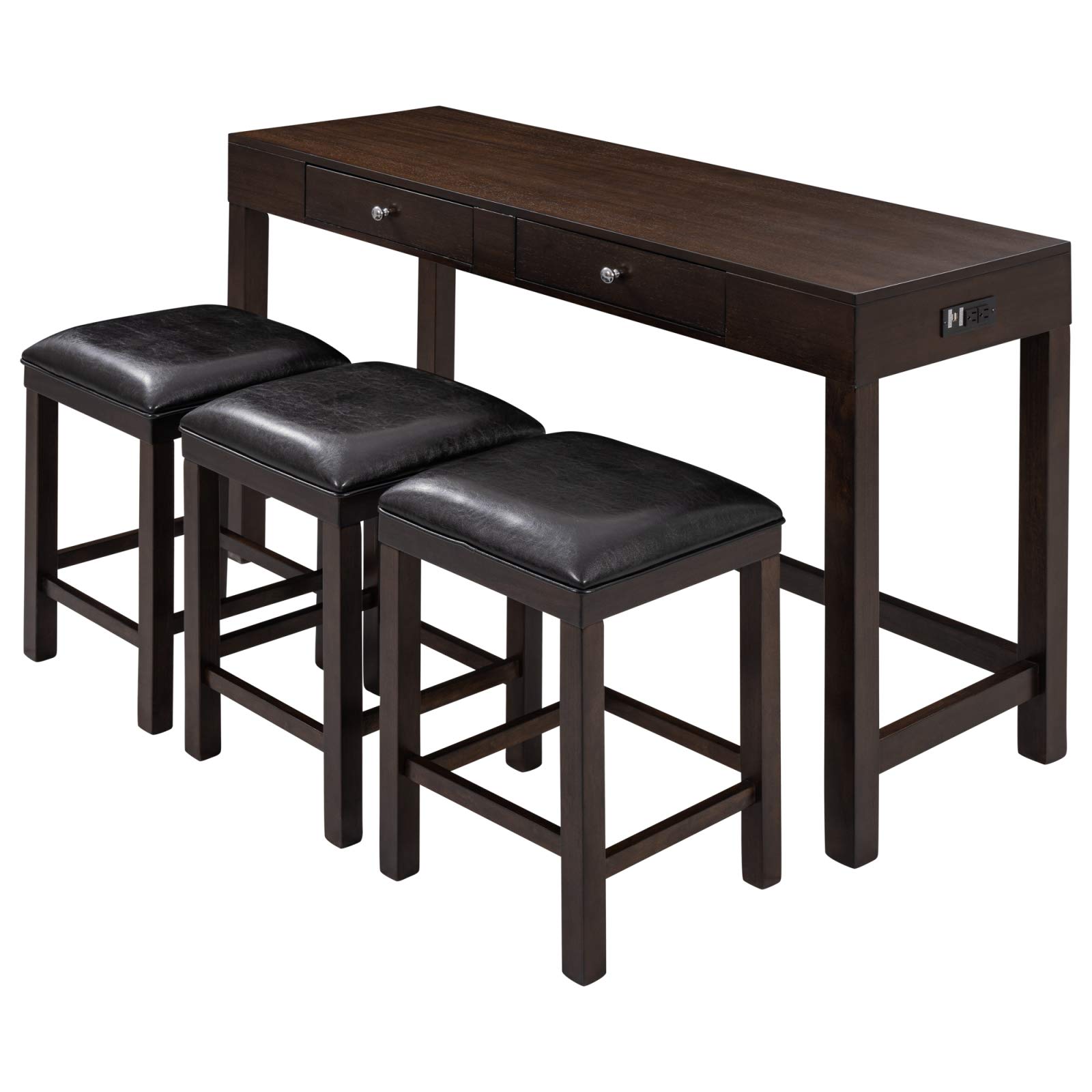 Rustic 4-Piece Counter Height Dining Set with 1 Table & 3 Leather Padded Stools - Espresso Kitchen Table Set for Small Spaces | Perfect for Breakfast Nooks, Studio Apartments & Cozy Kitchens