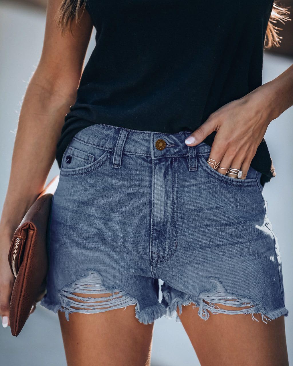 Women's High Waisted Denim Shorts - Stretch Ripped Jeans with Frayed Raw Hem | Casual Summer Shorts for Women | Perfect for Beach, Streetwear & Everyday Outfits