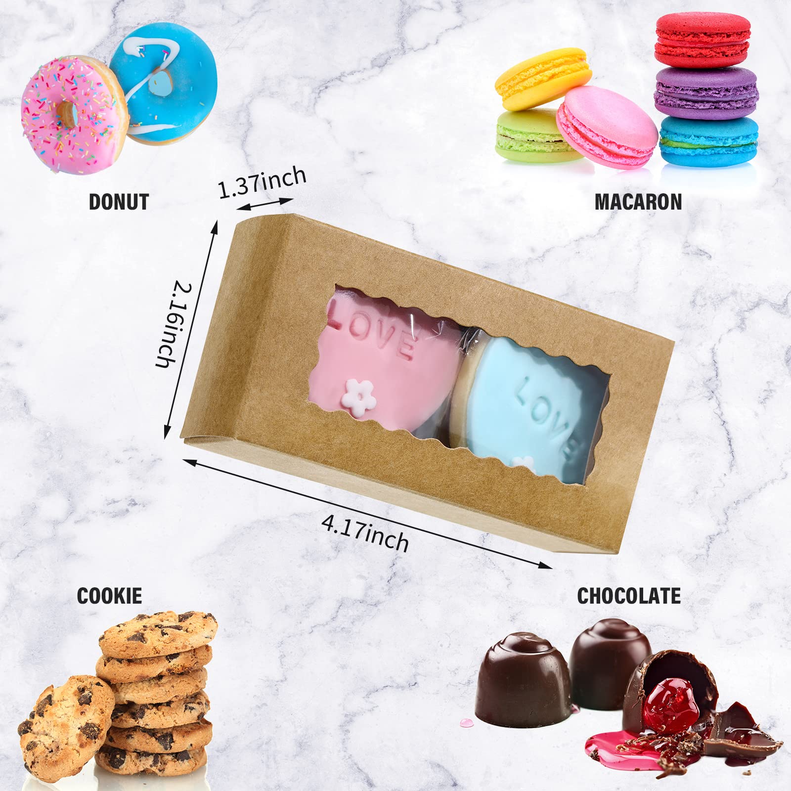 100 Pcs Kraft Paper Macaron Boxes with Clear Window - 4.17 x 2.17 x 1.38 Inch Small Bakery Packaging for Desserts, Candy, Cake | Perfect for Macarons, Pastries, Cookies & Gift Packaging