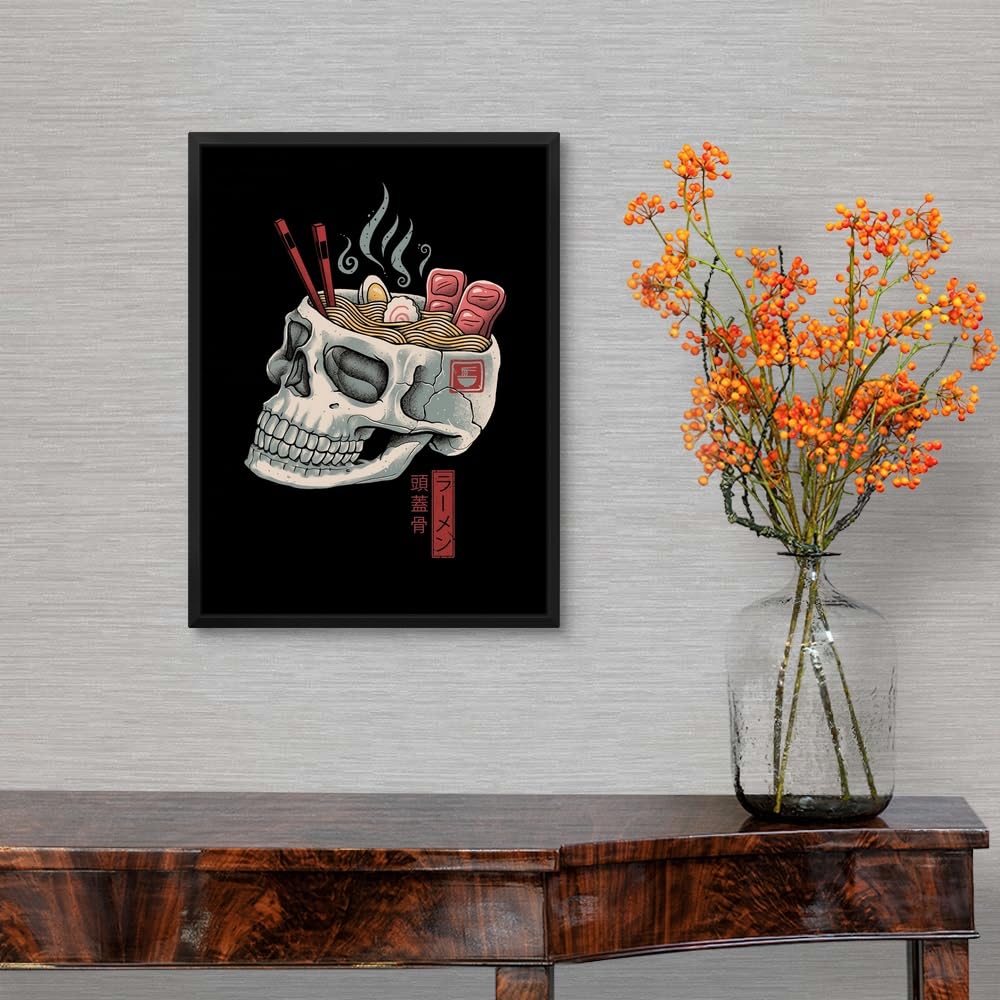 Ramen Skull Black Float Frame Canvas Art - Gothic Skull & Bones Wall Decor for Home, Office, or Restaurant | Unique Dark Aesthetic Painting