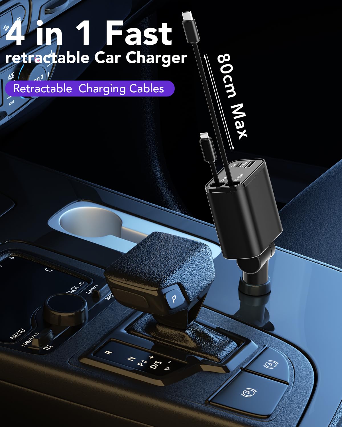 69W 4-in-1 Retractable Car Charger with 2.6ft Cord & Dual USB Ports - Fast Charging for iPhone 16/15/14/13/12/11, Galaxy & Pixel - Perfect for Road Trips & Daily Commutes