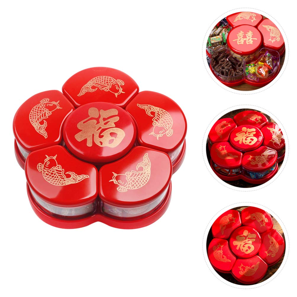 Hemoton 6-Compartment Rotating Candy Dish with Lid - Snack Storage Tray for Dried Fruits, Nuts, Chocolates - Perfect for Home, Chinese New Year, Wedding Party, Office Snacks (Red)