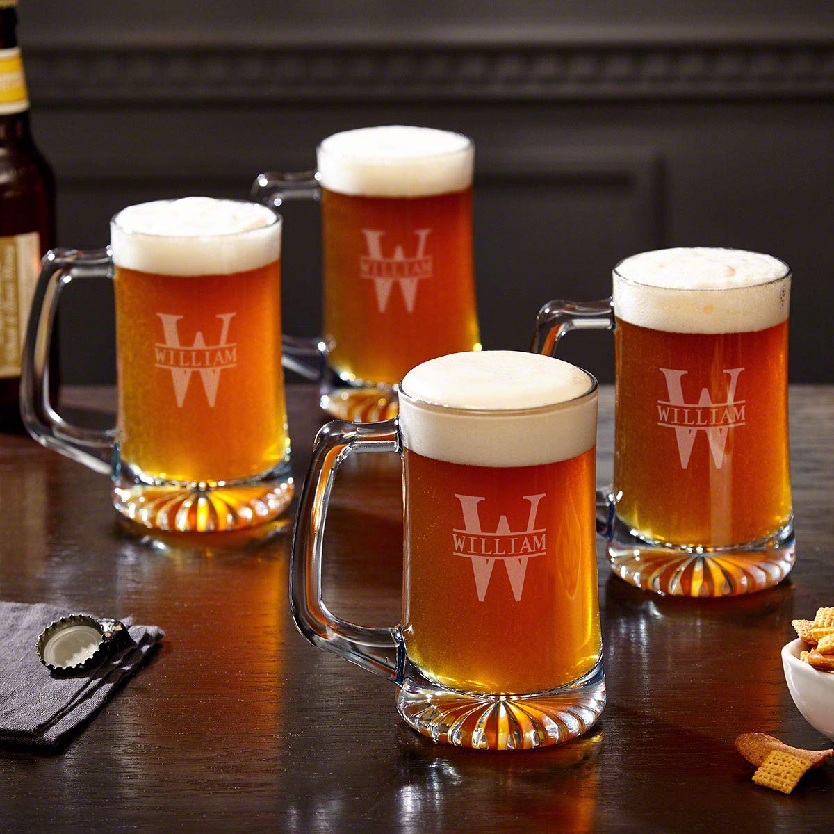 Personalized Engraved Beer Mugs Set of 4 - 16oz Oakmont Style Pub Glasses for Men - Perfect for Gifts, Home Bars, Parties & Beer Tasting Events