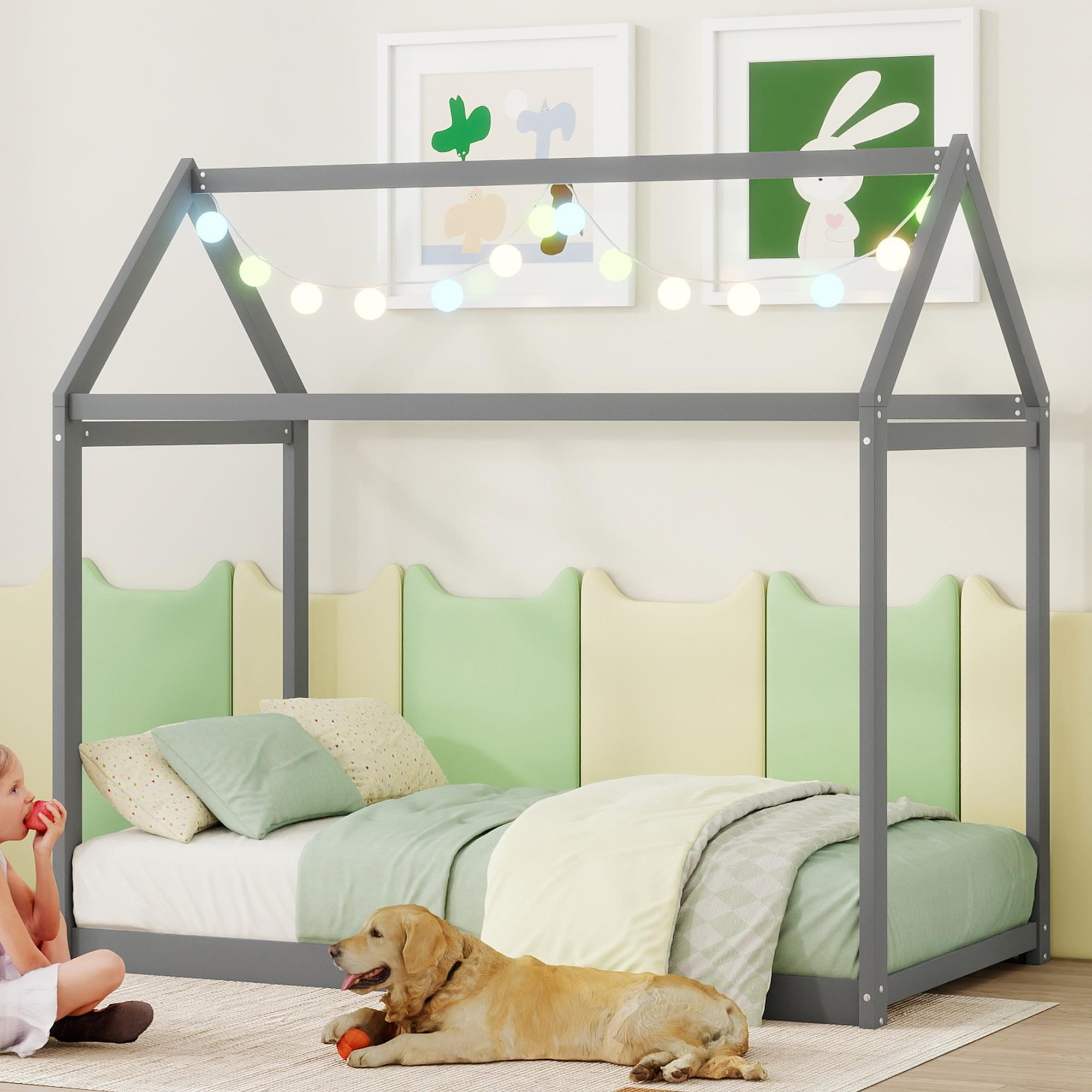 Bellemave Twin Size Kids House Floor Bed - Solid Pine Wood Montessori Bed for Toddlers & Children (Gray) - Perfect for Playrooms, Bedrooms & Montessori Learning Spaces