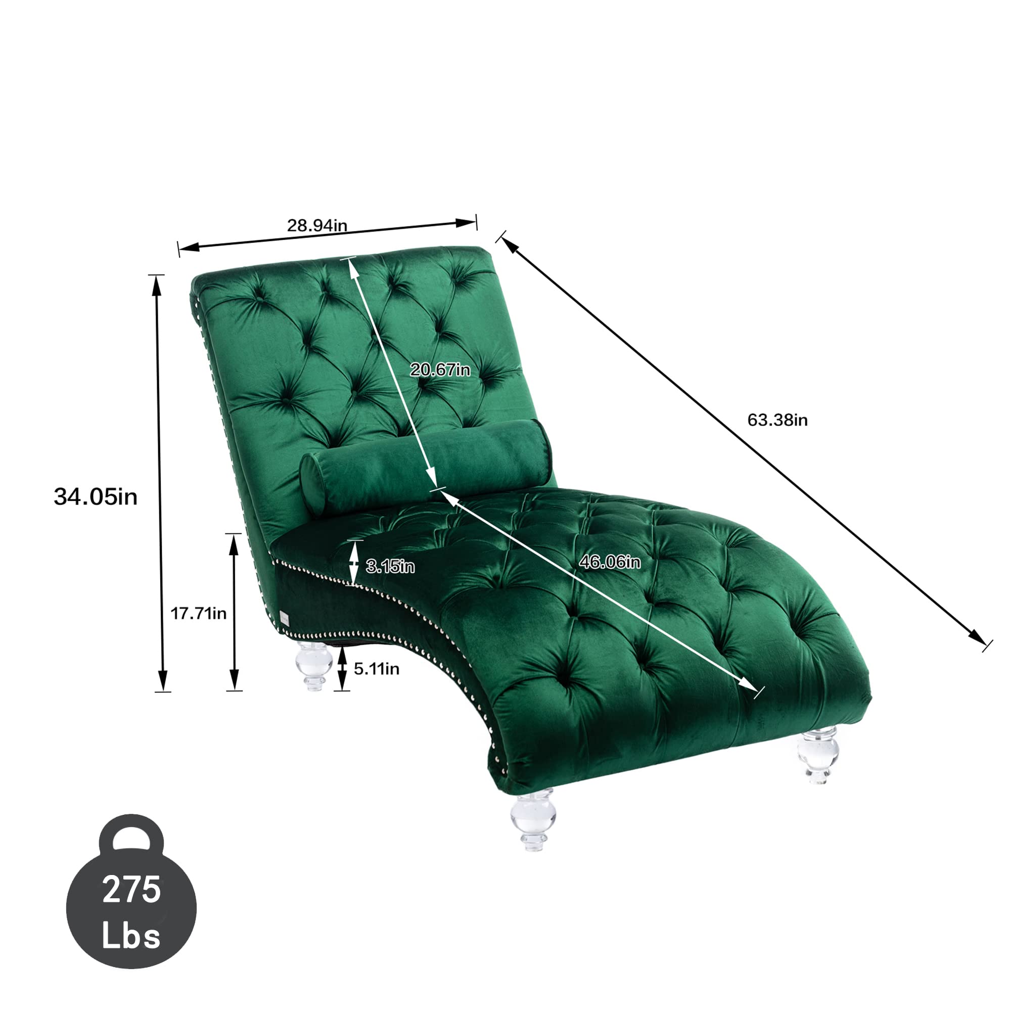 Velvet Chaise Lounge Chair with Tufted Buttons & Toss Pillow - Upholstered Modern Sofa with Acrylic Feet for Living Room, Bedroom, Office - Emerald Green Lounge Chair for Relaxing, Reading & Napping