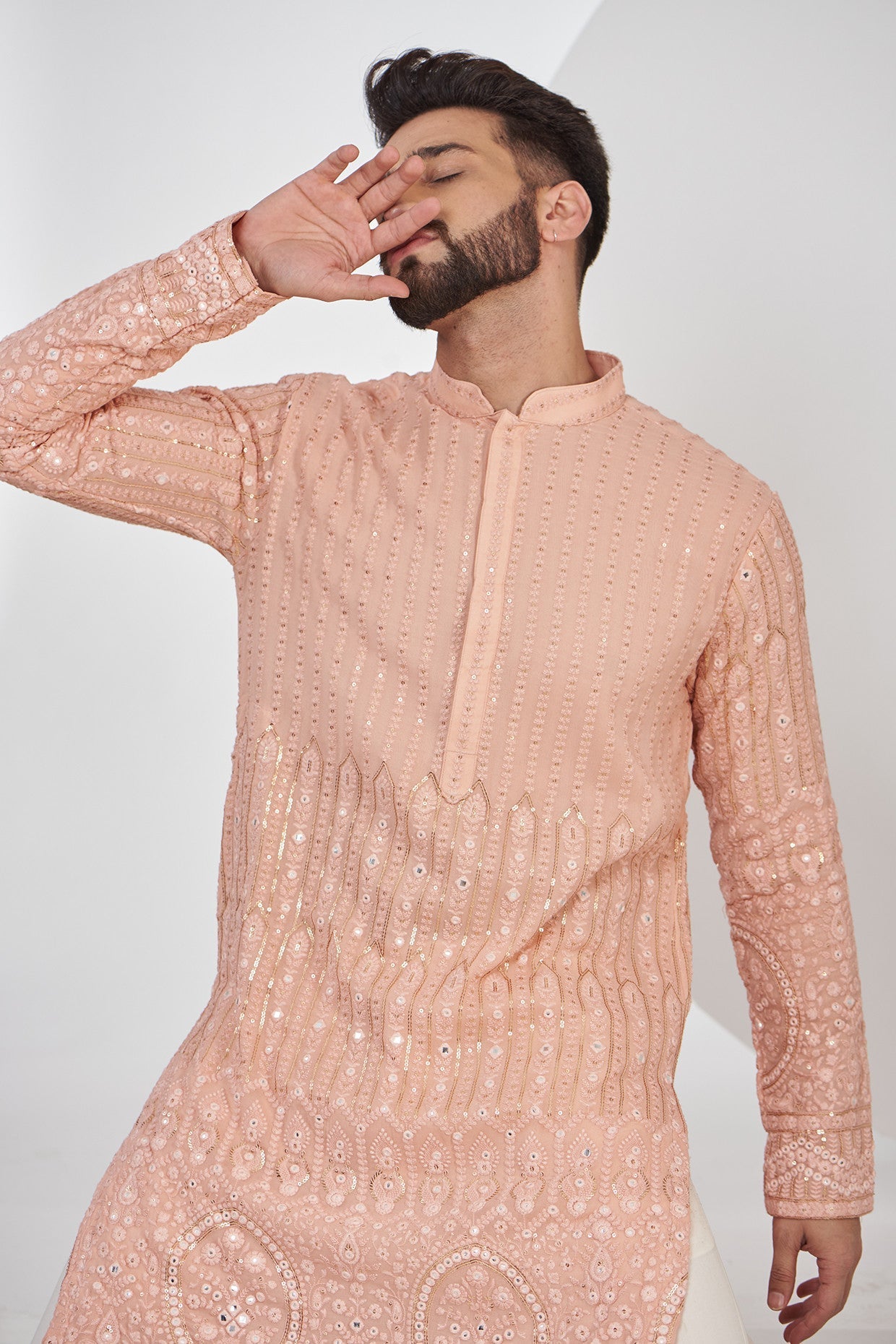 Exquisite Peach Chikankari Kurta with Intricate Border Embroidery - Elegant Indian Traditional Wear for Festivals, Weddings & Special Occasions