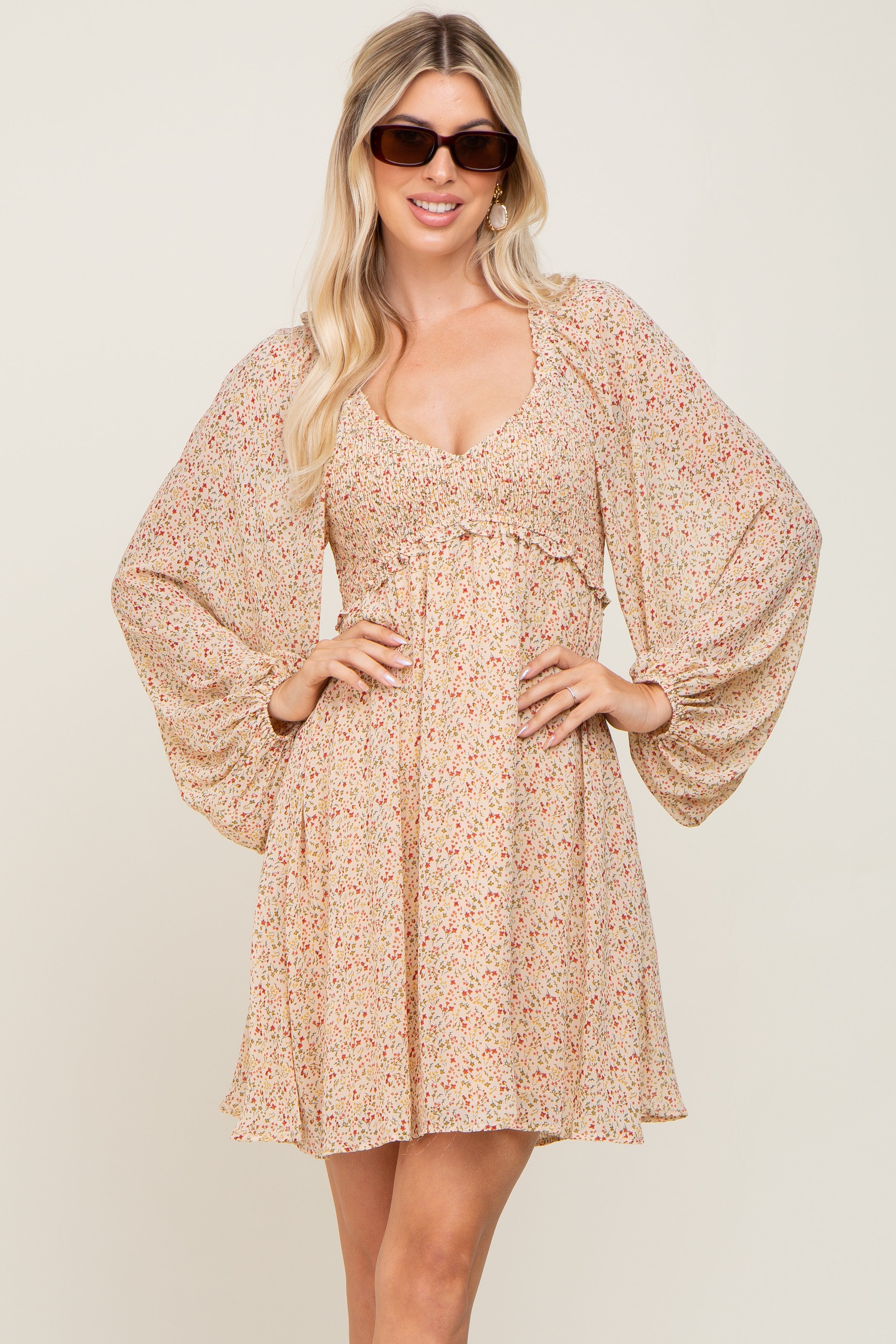 Beige Ditsy Floral Print Chiffon Smocked Dress for Women - Elegant Summer Midi Dress for Beach, Wedding & Party Occasions