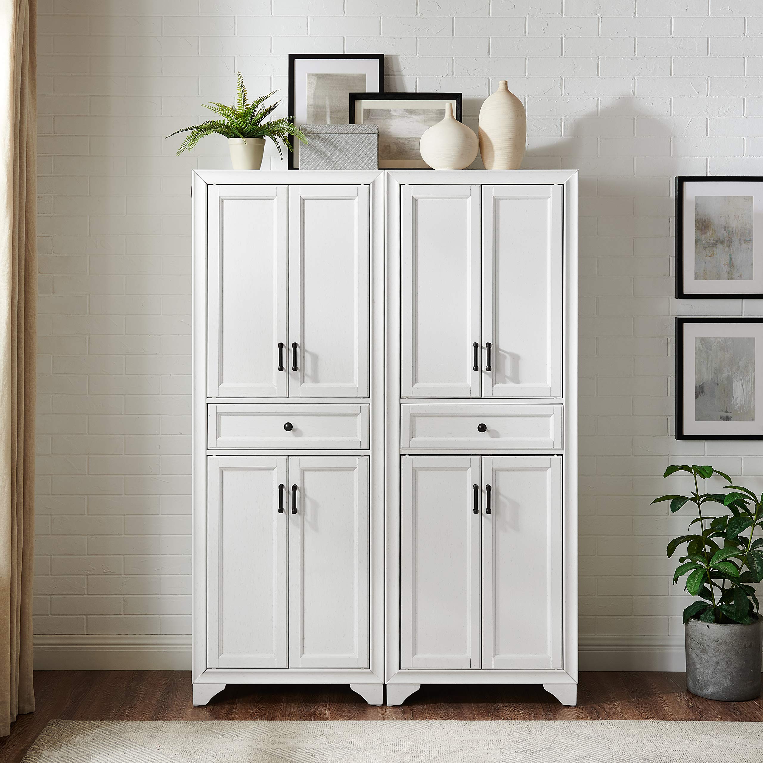Crosley Furniture Tara 2-Piece Pantry Storage Cabinet Set with Adjustable Shelves - Distressed White Kitchen Organizer for Dining Room & Laundry Room Storage | Perfect for Small Spaces & Home Organization
