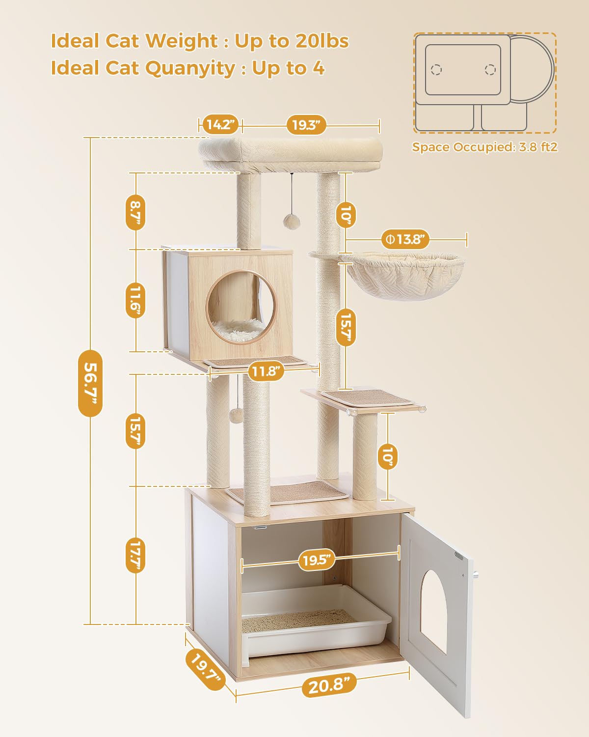 PAWZ Road Cat Tree with Litter Box Enclosure - 56.7