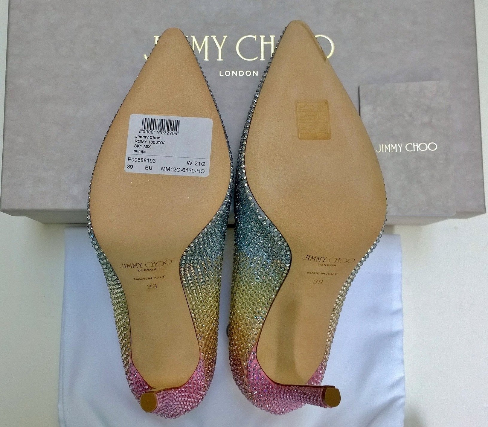 Jimmy Choo Romy 100 Rhinestone Rainbow Heels in Sky Mix - Elegant Women's High Heel Sandals for Parties, Weddings & Special Occasions