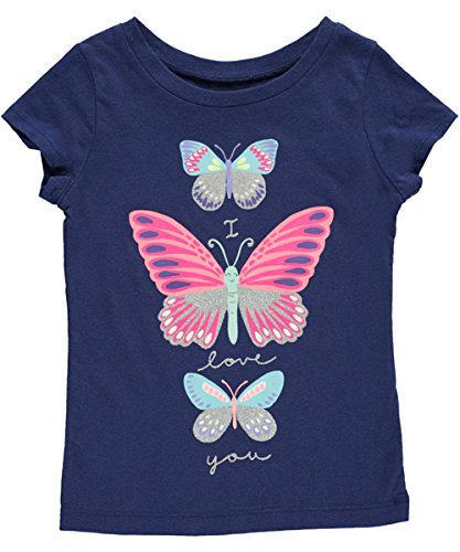 Cartoon Butterfly Print 'I Love You' Girls T-Shirt - Navy Blue Size 4 | Cute Casual Top for Toddler & Kids Daily Wear, Playdates & Family Photos