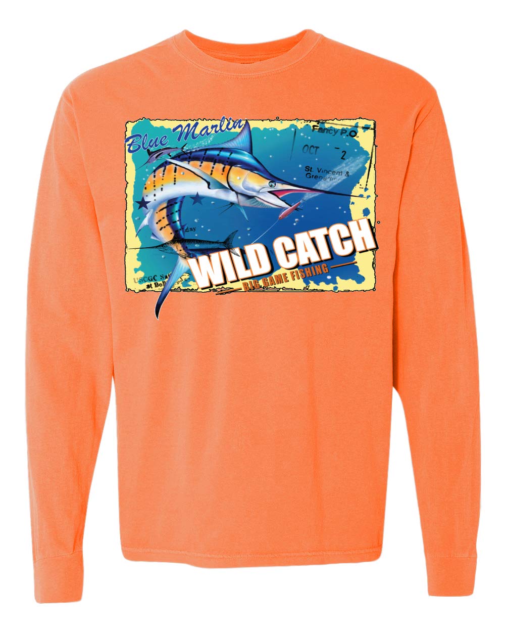 Blue Marlin Wild Catch Big Game Fishing T-Shirt - Vintage Washed Look Long Sleeve Shirt for Men | Perfect for Fishing Trips, Outdoor Adventures & Casual Wear