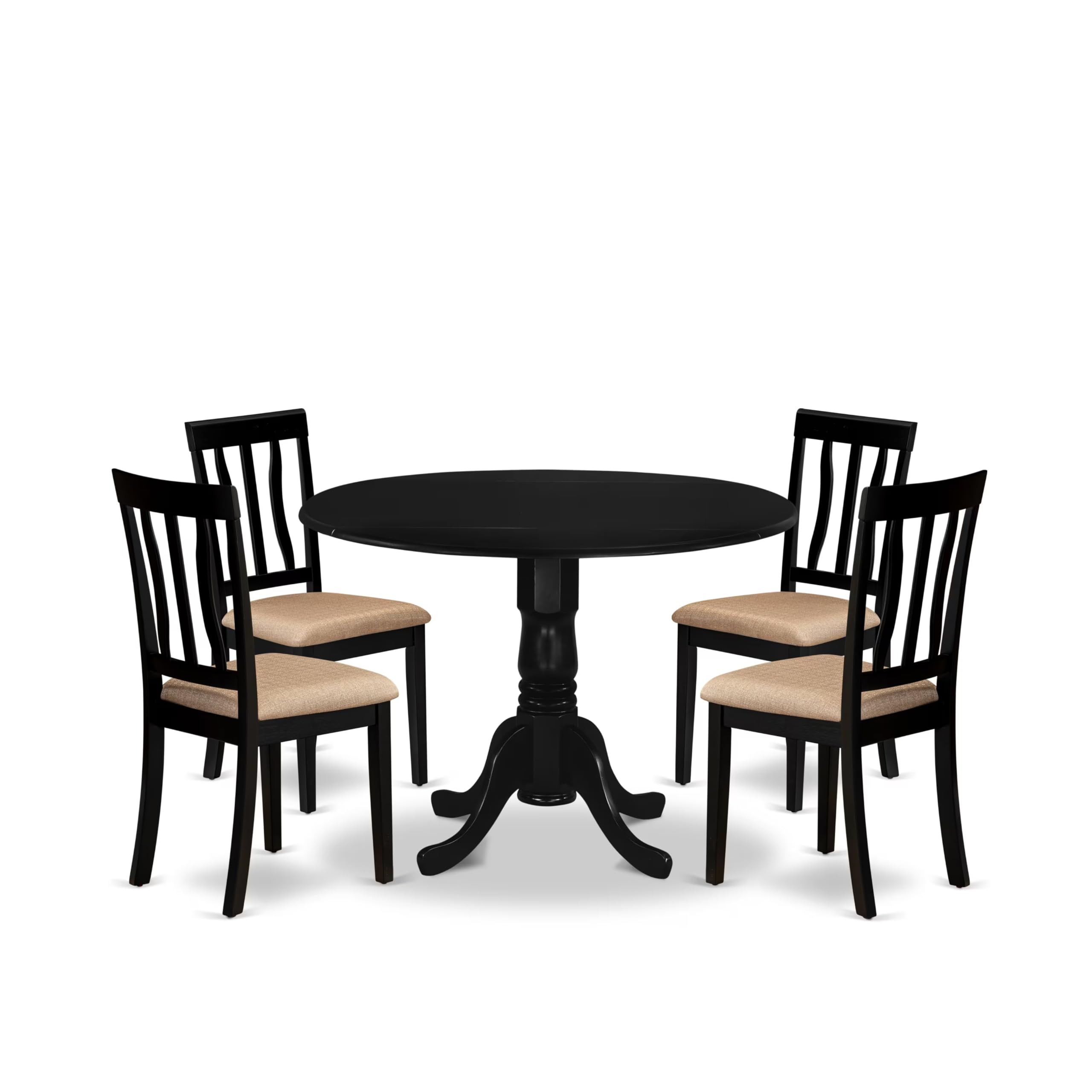 East West Furniture 5-Piece Round Dining Table Set with Drop Leaf & 4 Upholstered Chairs - 42x42 Inch Black Kitchen Table for Small Spaces | Perfect for Breakfast Nook, Apartment Dining, and Compact Homes
