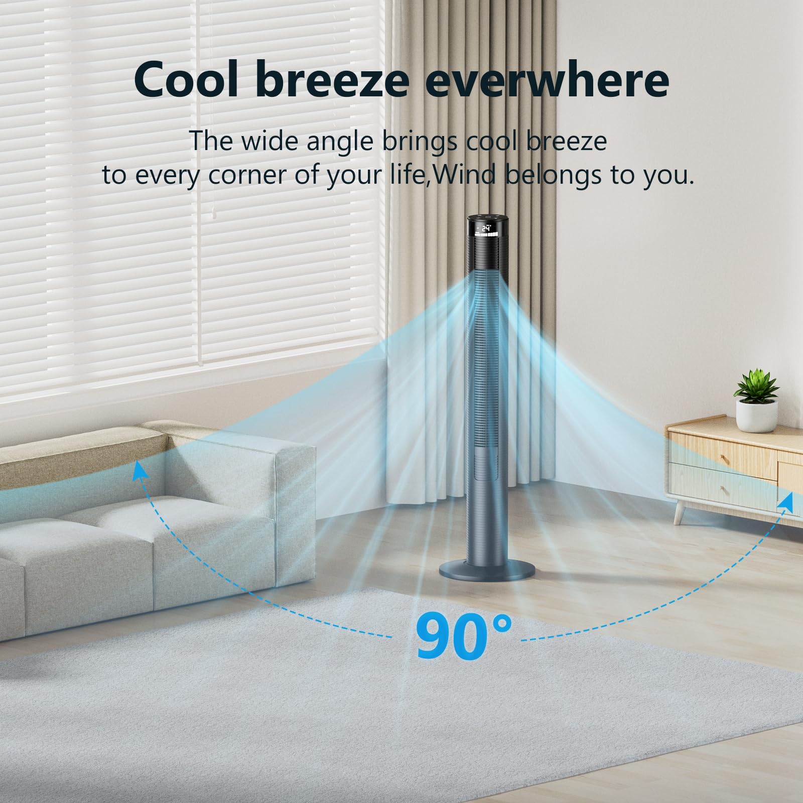 46 Inch CIH Tower Fan - Powerful 24ft/s Velocity, Quiet Oscillating Bladeless Floor Fan with Remote Control, 3 Speed Modes, LED Display & 7.5H Timer - Ideal for Home, Bedroom, Office & Indoor Cooling (Black)