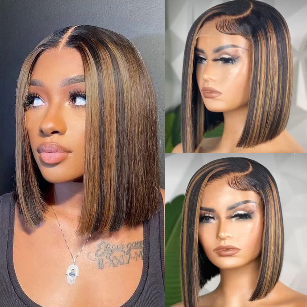 Honey Blonde Ombre Lace Front Bob Wig - 12inch Human Hair Straight Wig with 4x4 Lace Closure, 150% Density & Pre-Plucked Hairline | Natural Balayage Highlights for Women | Perfect for Cosplay, Parties & Daily Wear