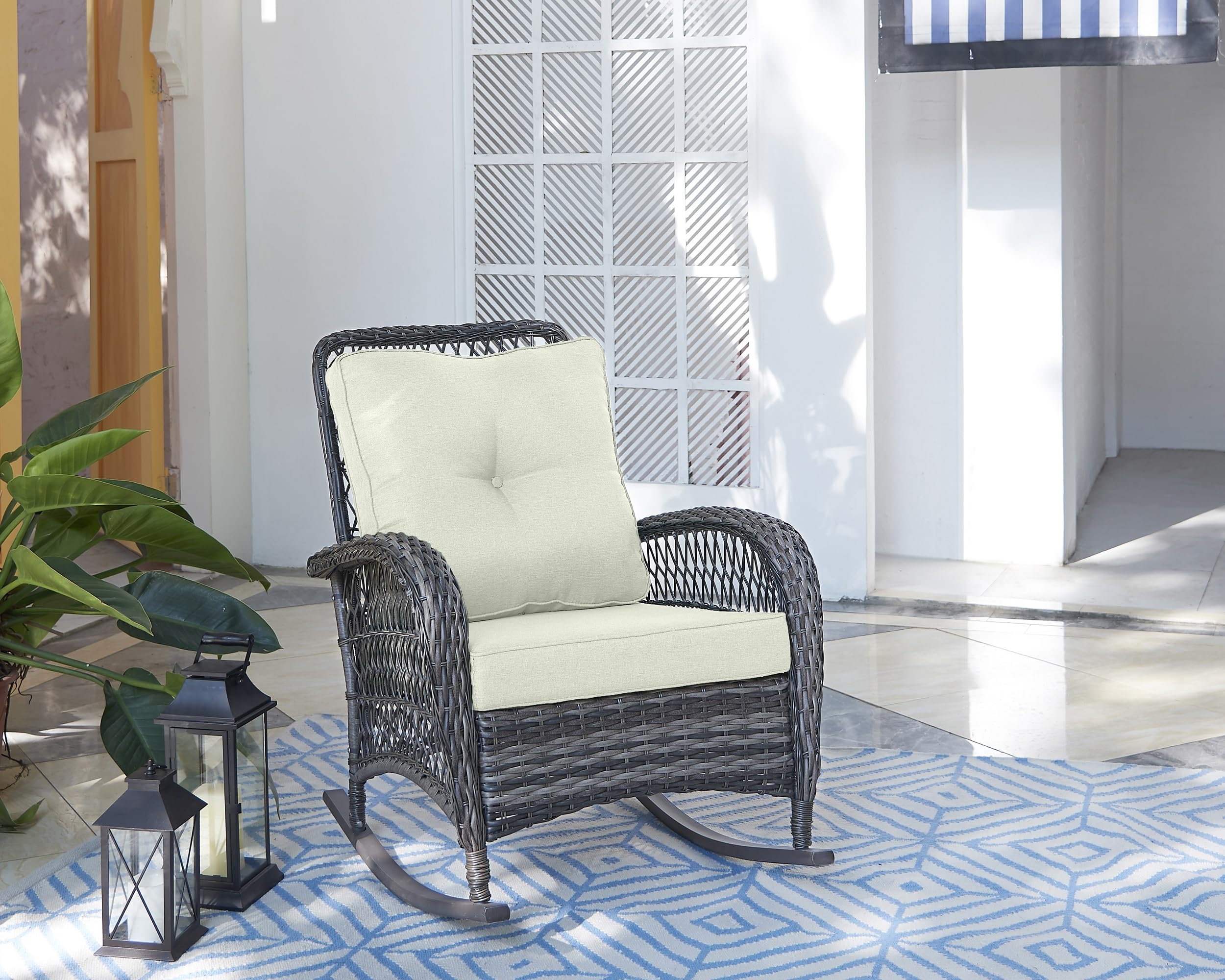 Premium Steel Rattan Outdoor Rocking Chair with Removable Waterproof Cushions - Weather-Resistant Patio Rocker with Curved Edge & Sturdy Frame (Cream) - Perfect for Garden, Porch, Poolside & Backyard Relaxation