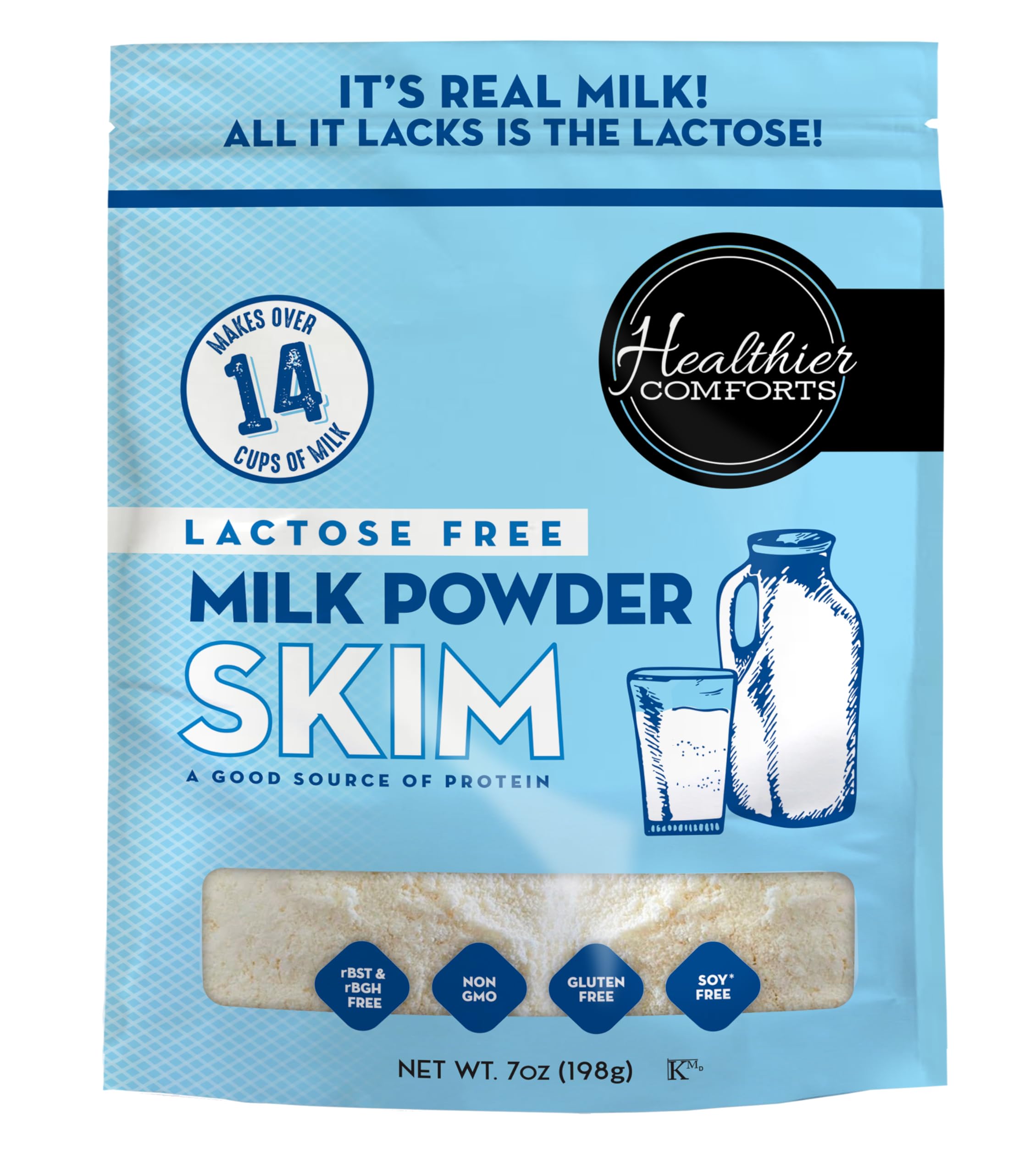 Lactose Free Skim Milk Powder - High Protein, Fat Free, Non-GMO, rBST Hormone Free, Kosher, Gluten Free | Perfect for Baking, Coffee Creamer, Protein Shakes & Smoothies | Makes 14 Cups (7 oz) | Healthy Dairy Alternative for Weight Loss & Fitness