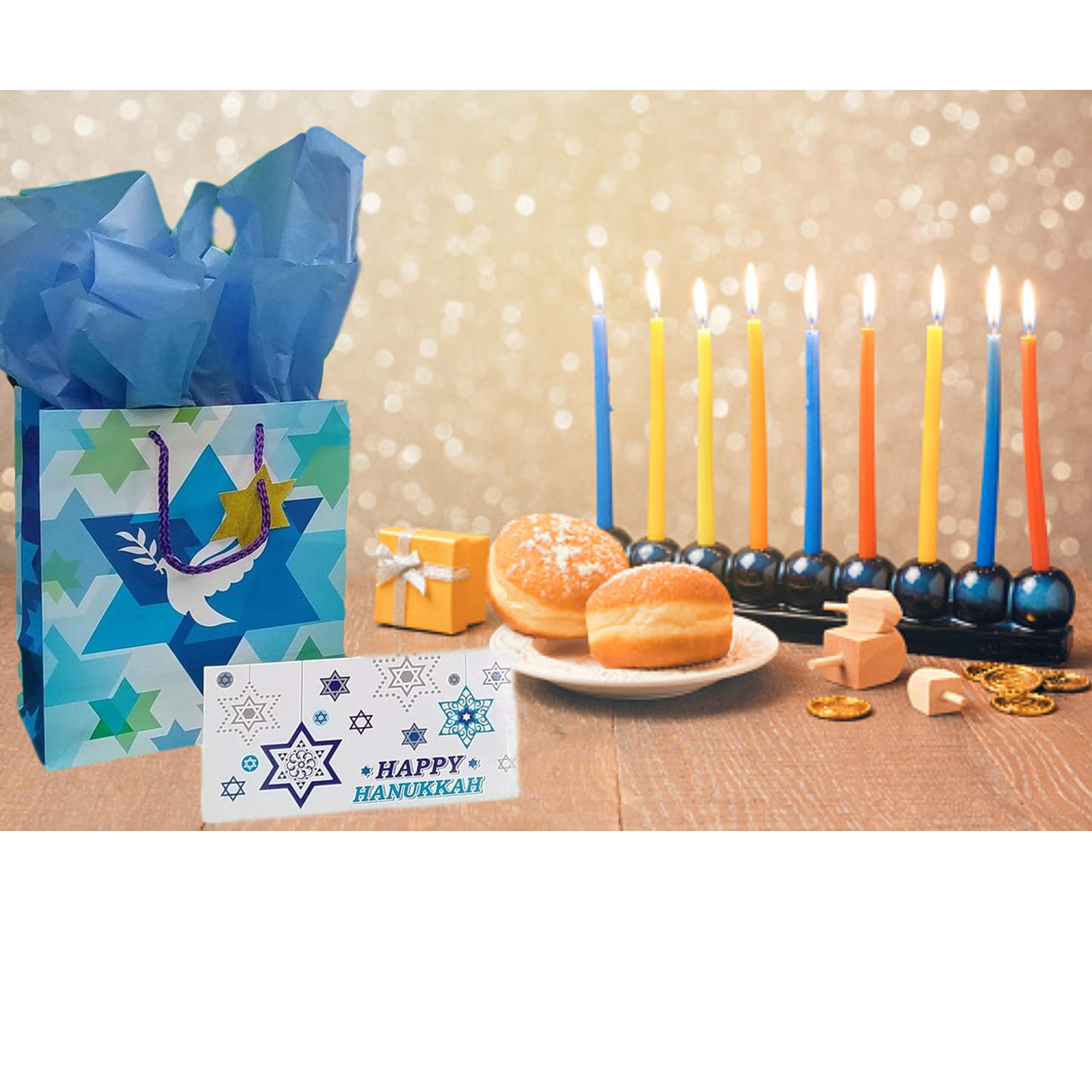 Hanukkah Gift Bags Set of 4 Premium Designs with Tissue Paper & 6 Money Holder Cards - Perfect for Jewish Holiday Gifts, Party Favors, and Cash Gifts