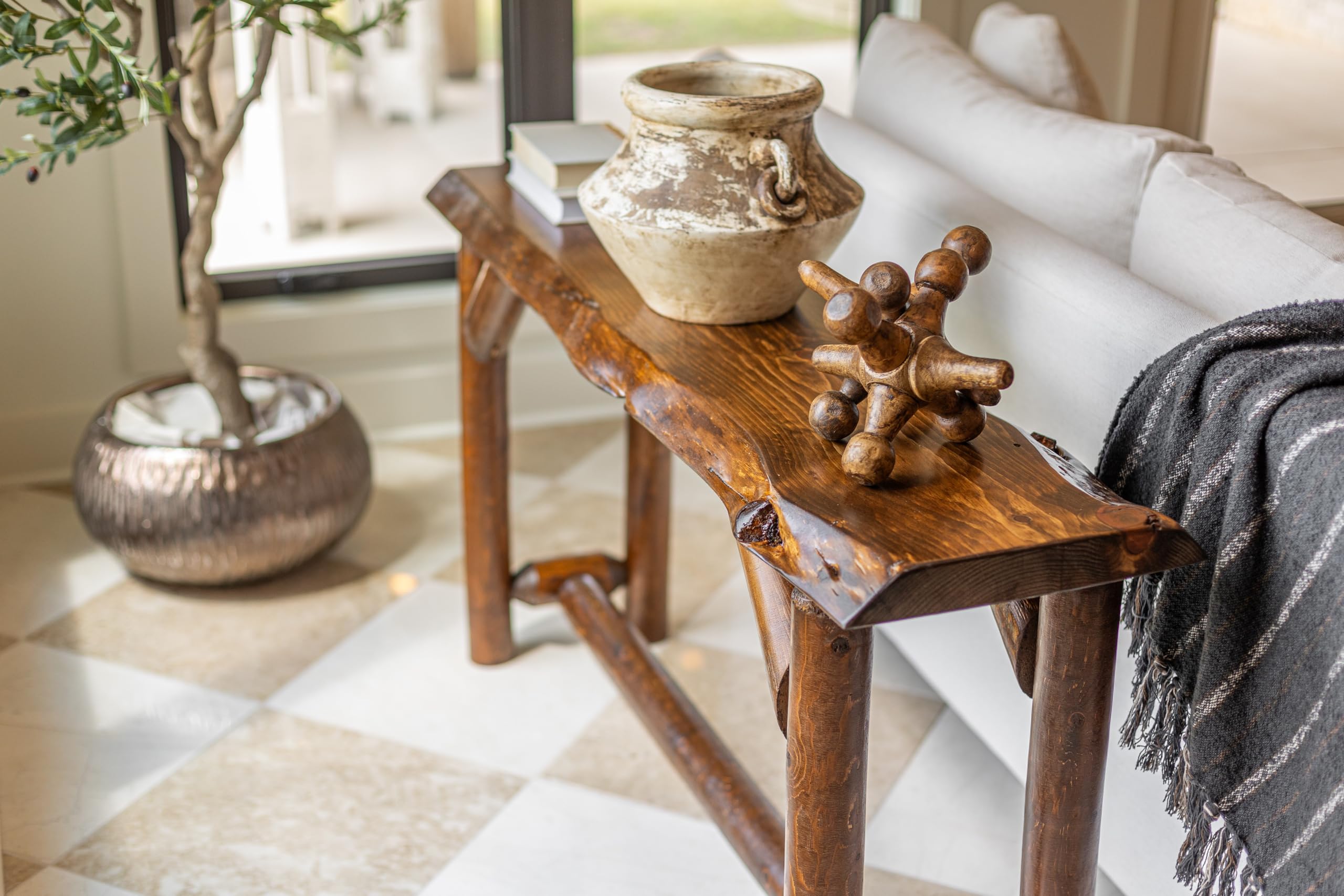 Rustic Live Edge Sofa Table - Solid Pine and Cedar Wood Entryway Console Table (Honey Pine Finish) - Handcrafted Log Furniture for Living Room, Cabin & Farmhouse Decor