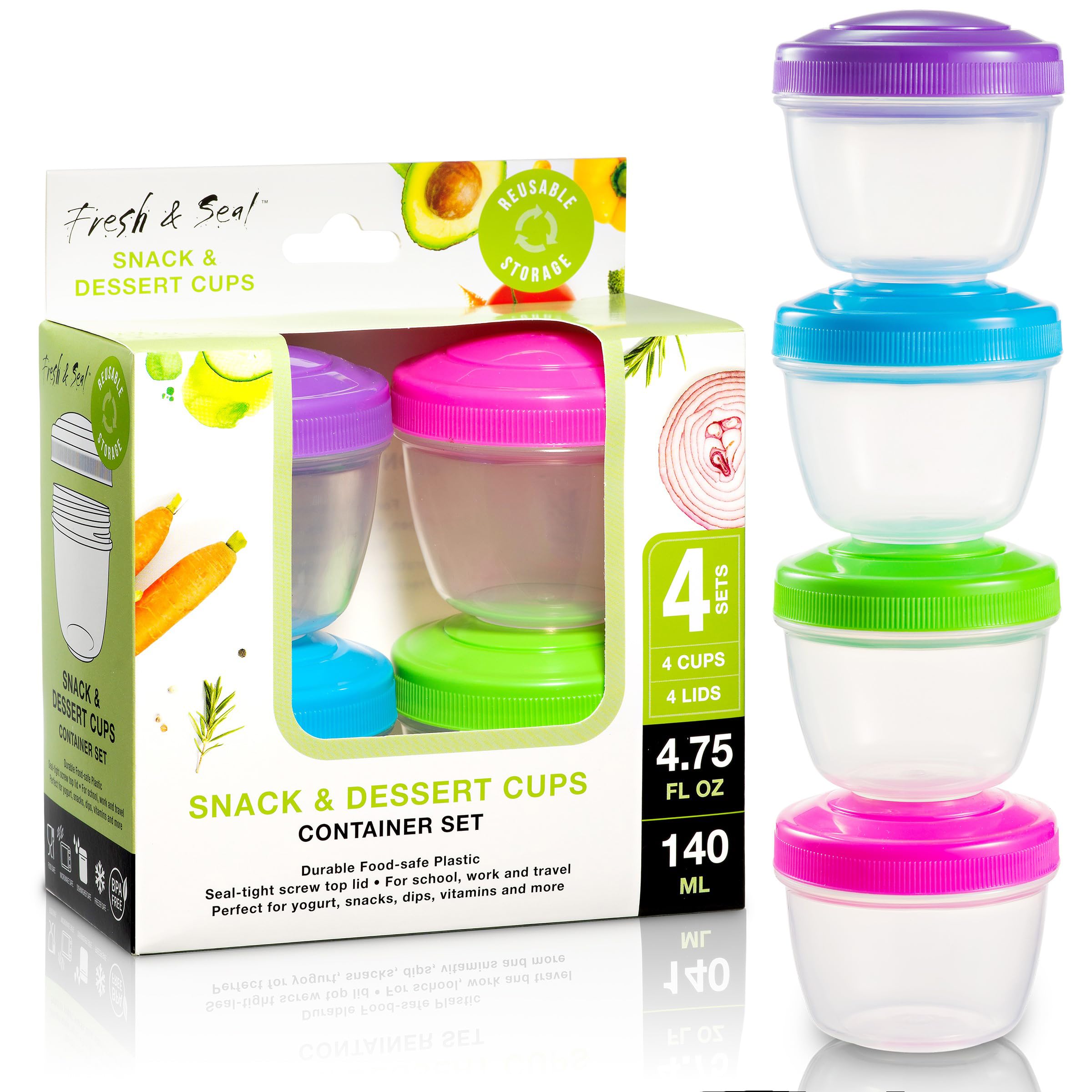 MosJos 4-Piece Snack Containers Set - 4.75 Oz Small Food Storage Cups with Lids - Perfect for Fruits, Nuts, Sauces, Condiments & Salads - BPA-Free Lunch Box Containers in Bright Colors - Ideal for Meal Prep, School Lunches & On-the-Go Snacks