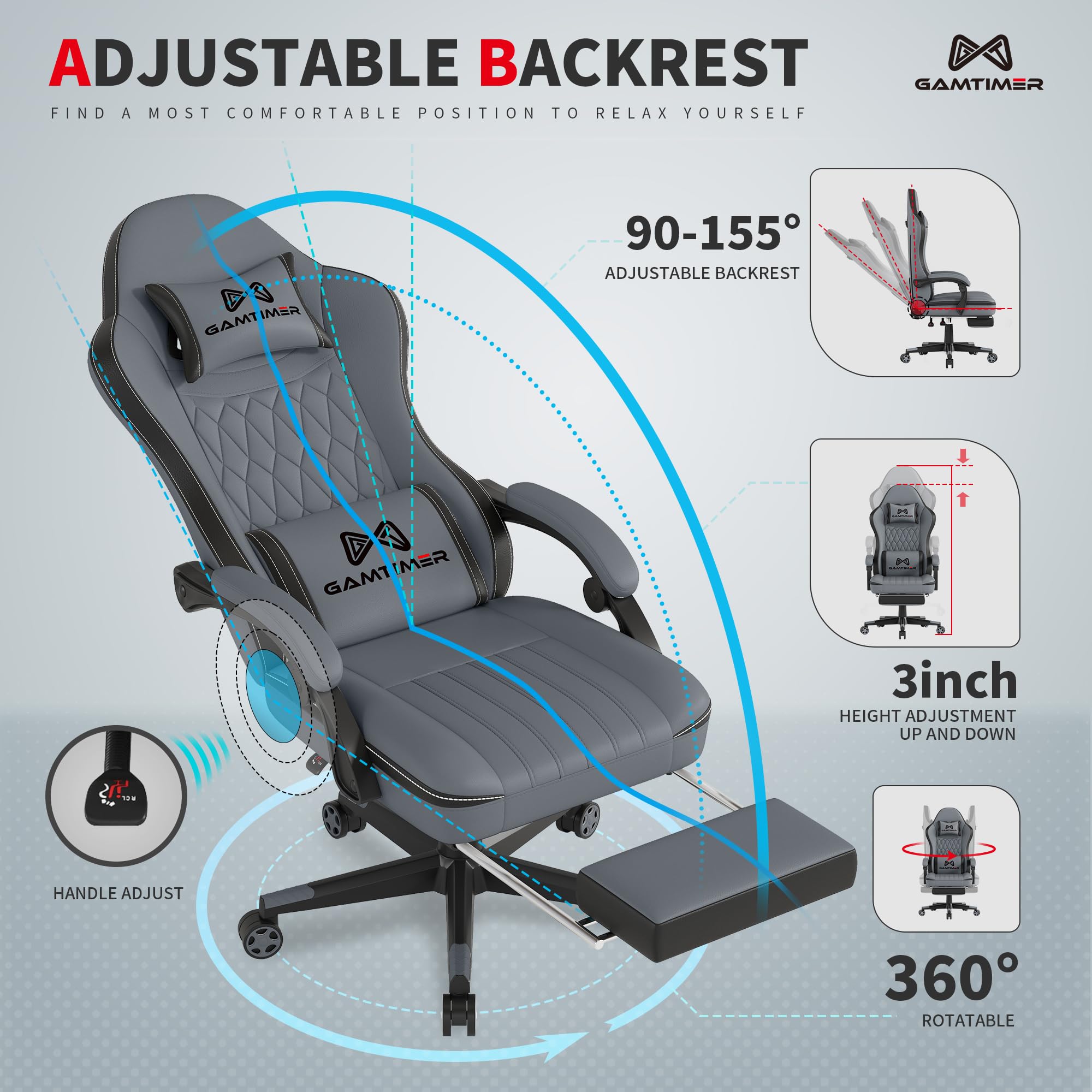 Ergonomic Gaming Chair with Footrest & Lumbar Support - 155° Reclining High Back Office Chair for Adults & Kids (Grey+Black) - Perfect for Gaming, Working & Home Office Use