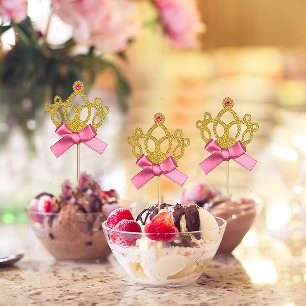30PCS Gold Glitter Crown Cupcake Toppers - Princess Tiara Cake Decorations for Weddings, Birthdays & Baby Showers | Perfect for Party Decor, Dessert Displays & Special Celebrations