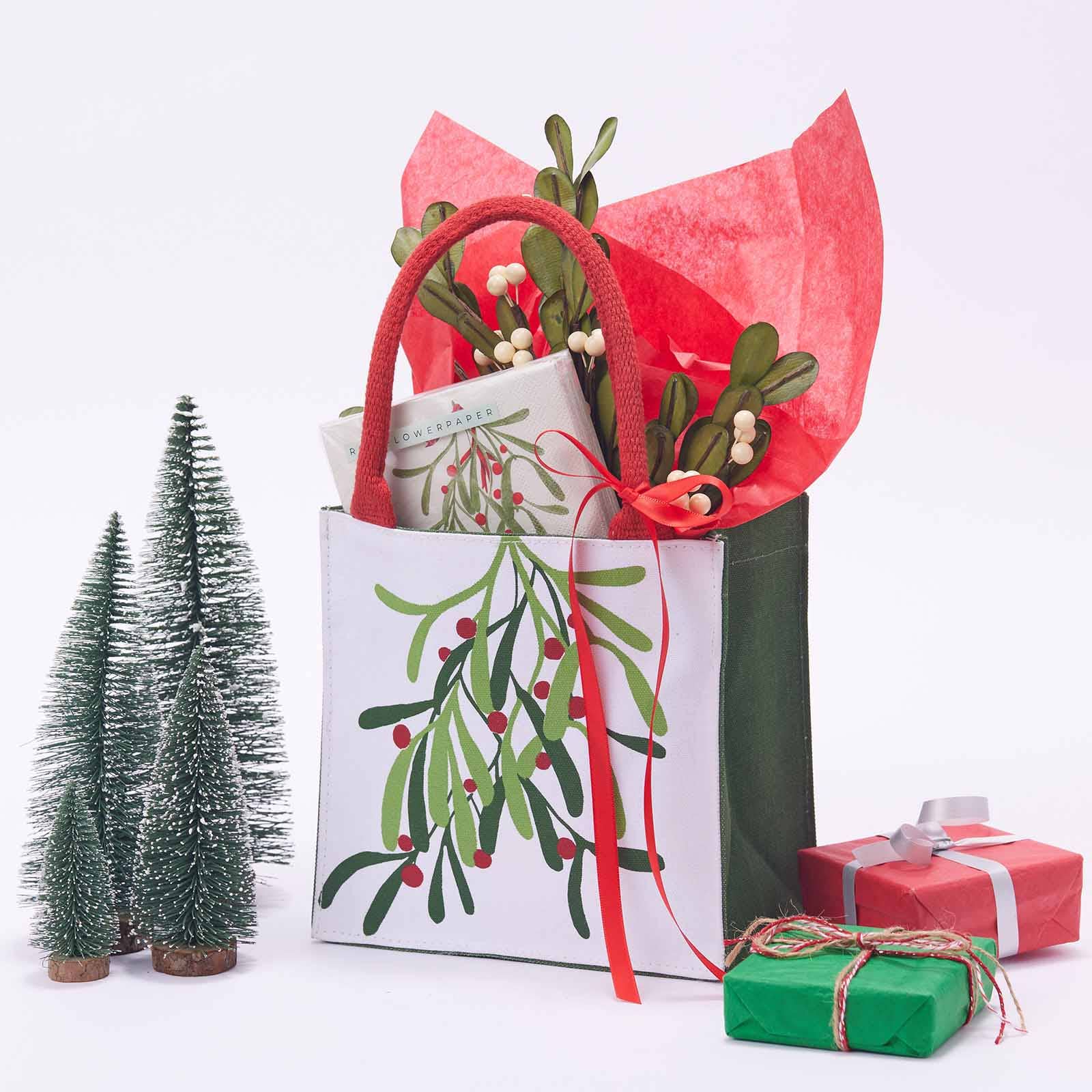 Eco-Friendly Mistletoe Print Reusable Gift Bag Tote - Perfect for Christmas Presents, Holiday Shopping & Party Favors