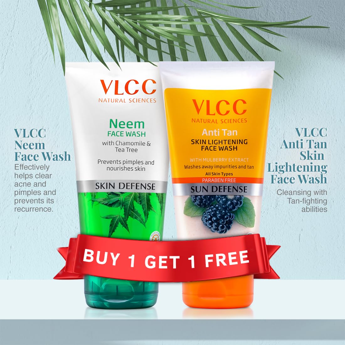 VLCC Neem Face Wash & Anti Tan Face Wash Combo - 150ml x 2 (300ml Total) - Buy 1 Get 1 Free - with Neem Extract, Chamomile Oil, Tea Tree Oil & Mulberry Extract - Deep Cleansing for Acne, Brightening for Dull Skin - Perfect for Daily Skincare Routine & Travel