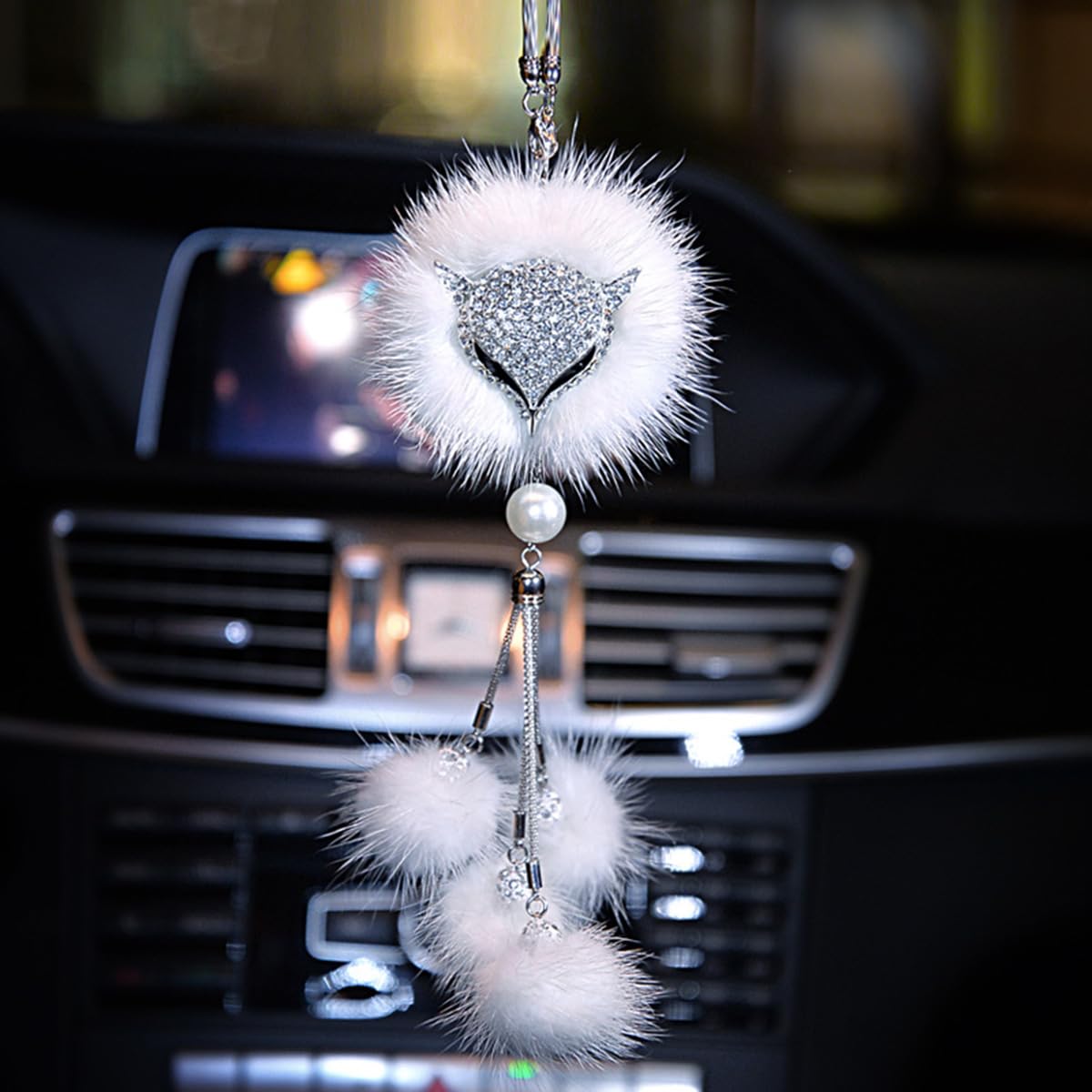 Enchanting White Fox Diamond-Encrusted Plush Car Mirror Pendant - Elegant Automotive Interior Decor Accessory for Rearview Mirror (Style B) | Perfect Gift for Car Lovers & Adds Stylish Touch to Your Vehicle Interior