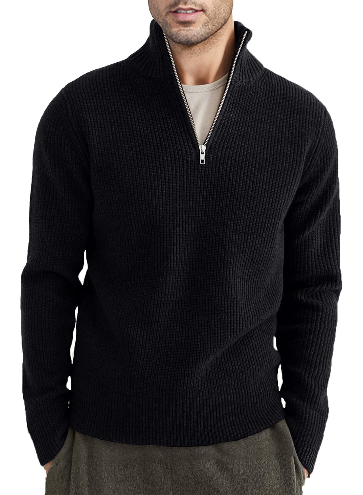 JMIERR Men's Slim Fit Mock Neck Winter Sweater - Ribbed Edge Quarter-Zip Pullover for Christmas & Cold Weather | Office Wear, Casual Outfits, Holiday Parties
