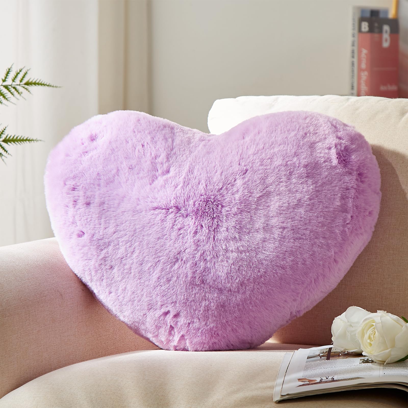 YRXRUS 14x17 Inch Large Heart Shaped Pillow - Soft Faux Rabbit Fur Coquette Decor for Living Room, Bedroom, Indoor & Outdoor - Perfect Valentine's Gift, Anniversary Present, and Cozy Home Decoration (Purple)