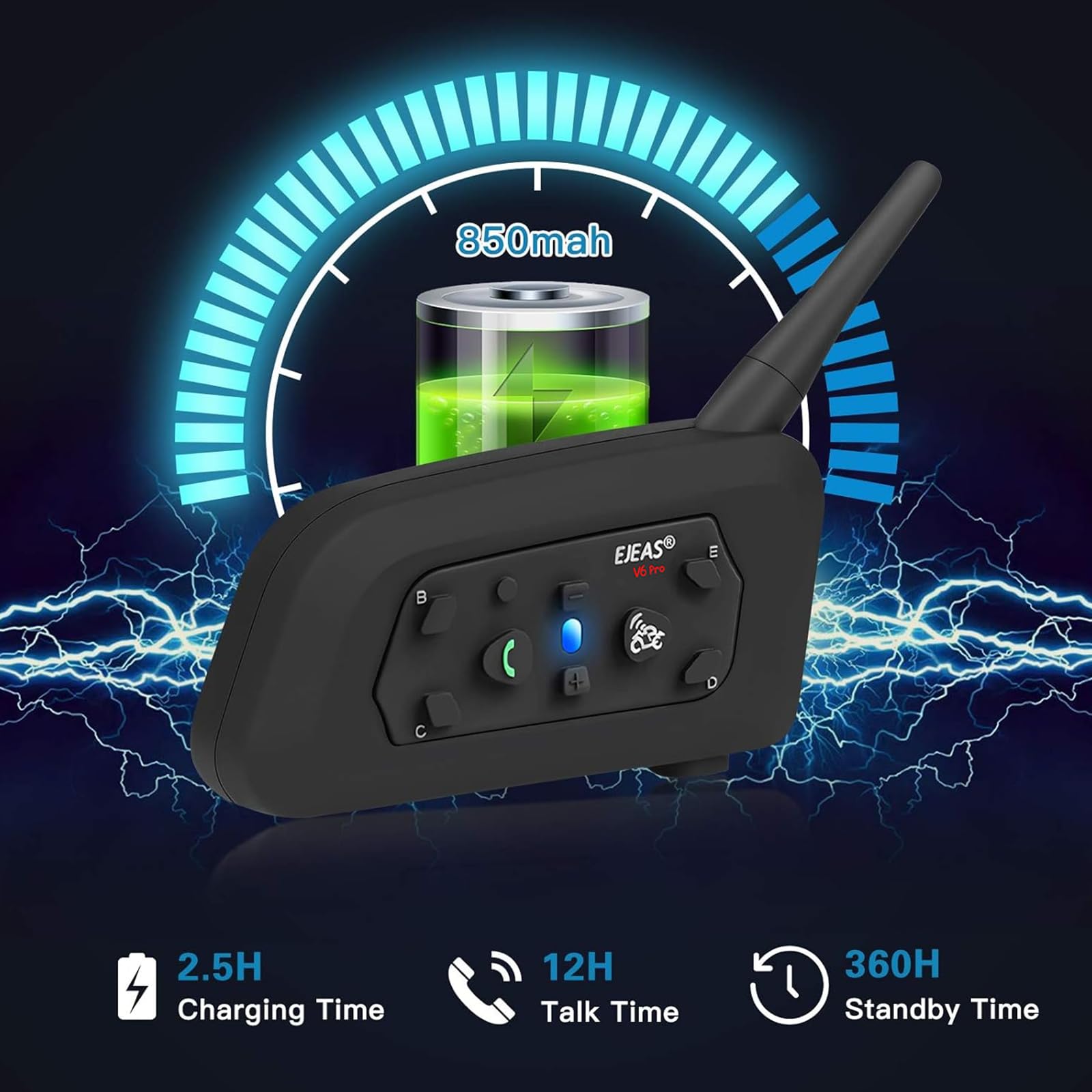 EJEAS V6 Pro Motorcycle Bluetooth Helmet Intercom - 2-Way 1200M Communication System with Noise Cancellation & Waterproof for Dirt Bike, ATV, Snowmobile - Perfect for Group Riding, Adventure Tours & Off-Road Racing (1PC)