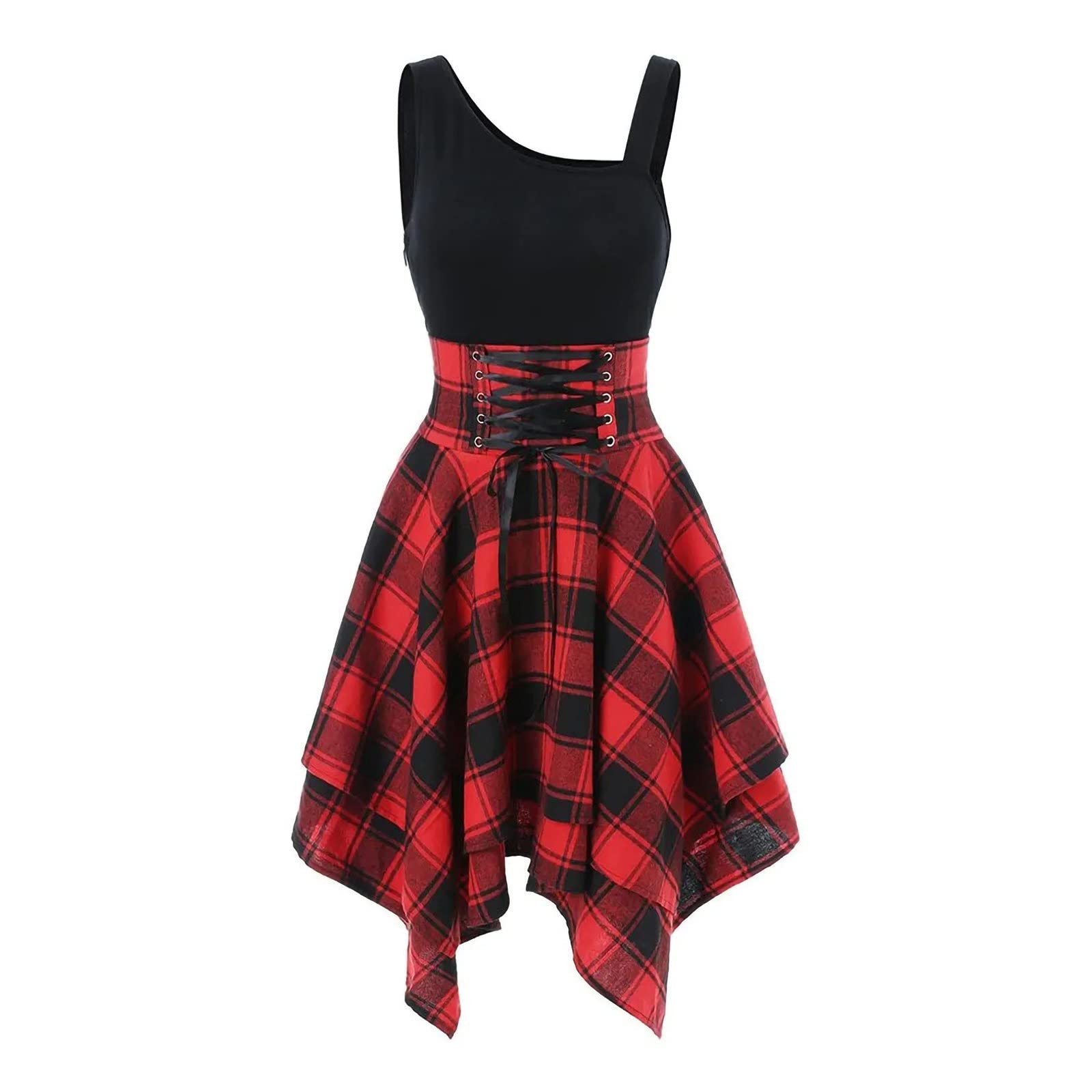 Women's Summer Casual Dress - O-Neck Lace Up Asymmetrical Mini Dress with Tartan Plaid Print | Wedding Guest, Beach Party, Date Night Outfit