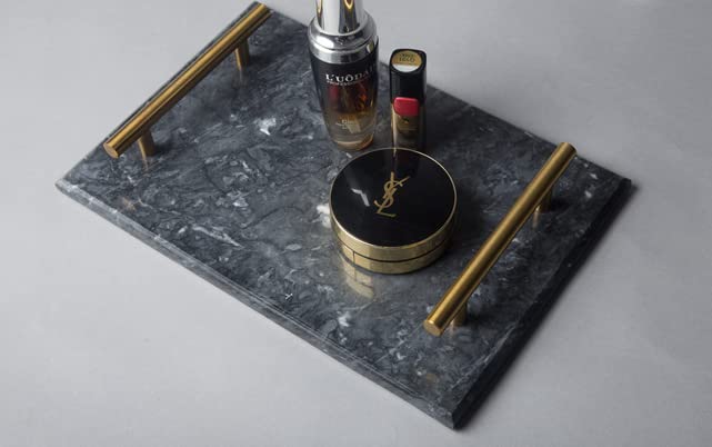 Natural Marble Tray with Gold Handle - Elegant Decorative Stone Tray for Bathroom, Kitchen, Vanity, Dresser & Nightstand - 11.8