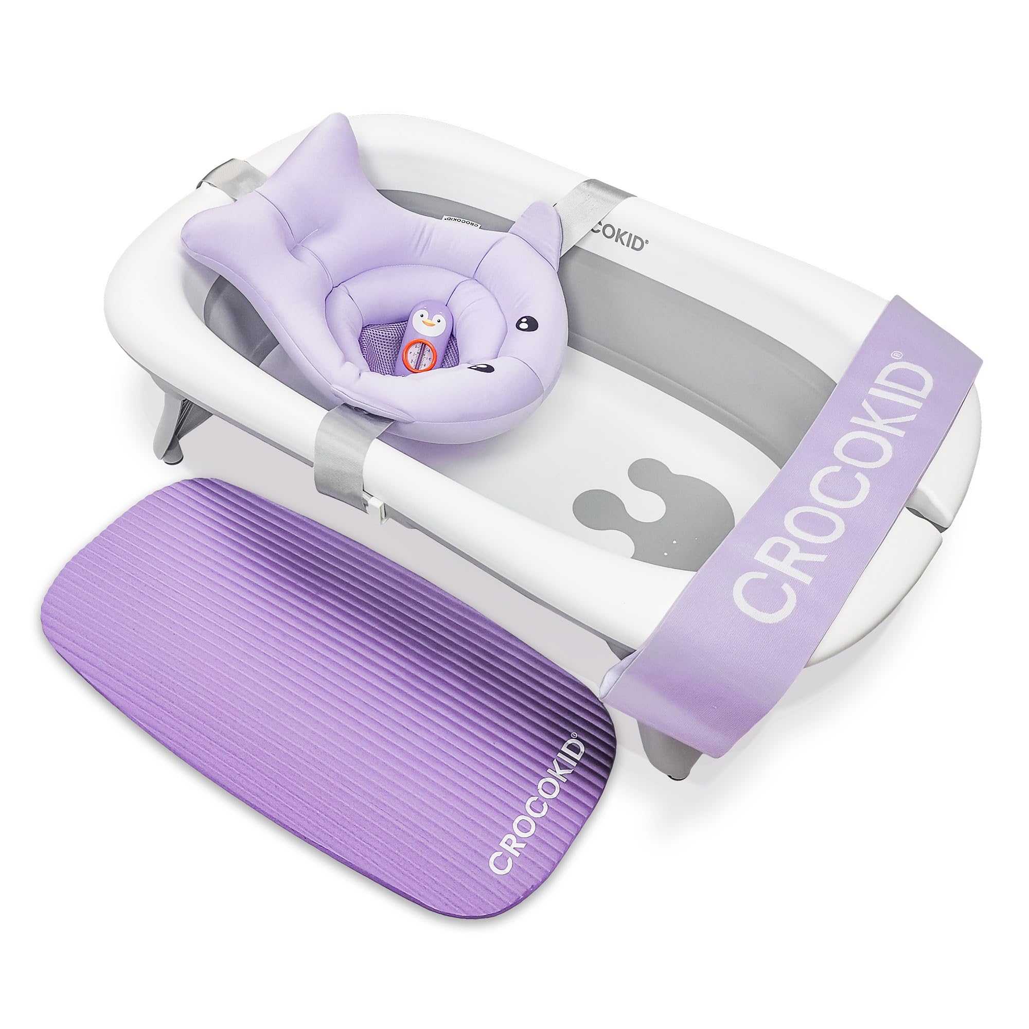 CROCOKID® Foldable Baby Bathtub Set for Newborn to 5 Years - Large Infant Bath with Cushion, Mat & Thermometer - Portable Baby Bathing Essentials for Home, Travel & Daycare Use